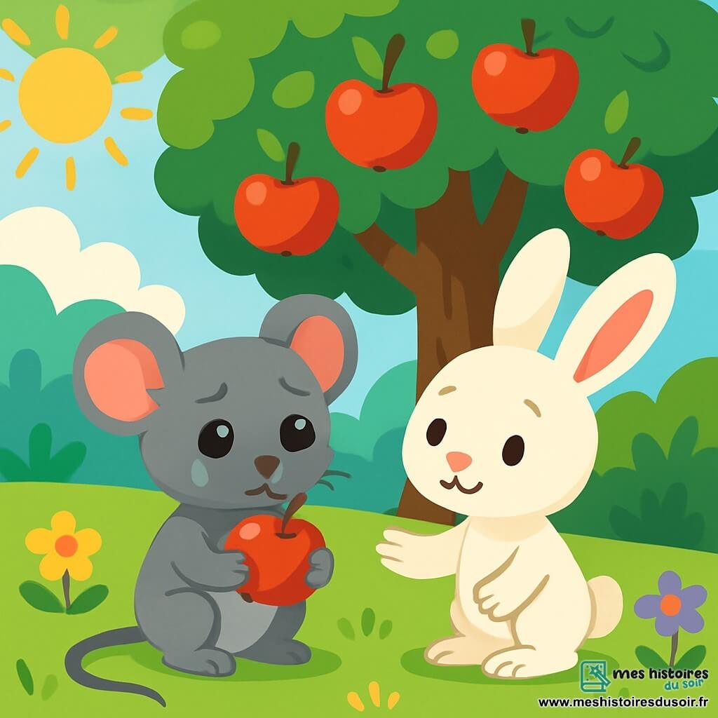 Lila, une petite souris grise aux grands yeux brillants, se tient sous un pommier, triste, tenant une pomme rouge qu'elle vient de croquer, une larme sur sa joue. À côté d'elle, Noé, un lapin blanc aux grandes oreilles, la regarde avec compassion, prêt à l'encourager. Dans un jardin ensoleillé rempli de fleurs colorées, Lila réalise son erreur d'avoir mangé toute la pomme, tandis que Noé lui propose d'en cueillir une nouvelle à partager, illustrant la beauté de l'amitié et la possibilité de réparer ses erreurs.