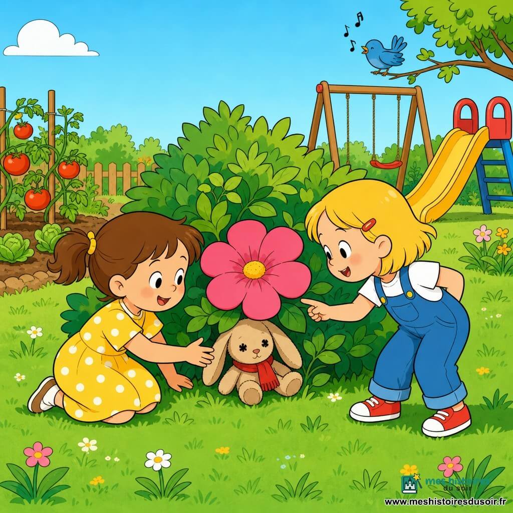 Trois personnages : Lili, ~4 ans, cheveux bruns en couettes, robe jaune à pois blancs, agenouillée à gauche, tend la main vers le doudou en souriant ; Zoé, ~4 ans, cheveux blonds courts, salopette bleue et baskets rouges, à droite, penchée et pointant vers un buisson ; un doudou lapin beige aux yeux cousus noirs et écharpe rouge, à moitié caché sous une grosse fleur rose entre elles. Lieu : jardin lumineux à pelouse verte, grand buisson central, potager avec tomates, balançoire et toboggan stylisés en arrière‑plan, ciel bleu avec un oiseau. Situation : deux petites enquêtrices découvrent joyeusement le doudou sous la fleur ; composition simple, couleurs vives, traits nets et ambiance tendre.