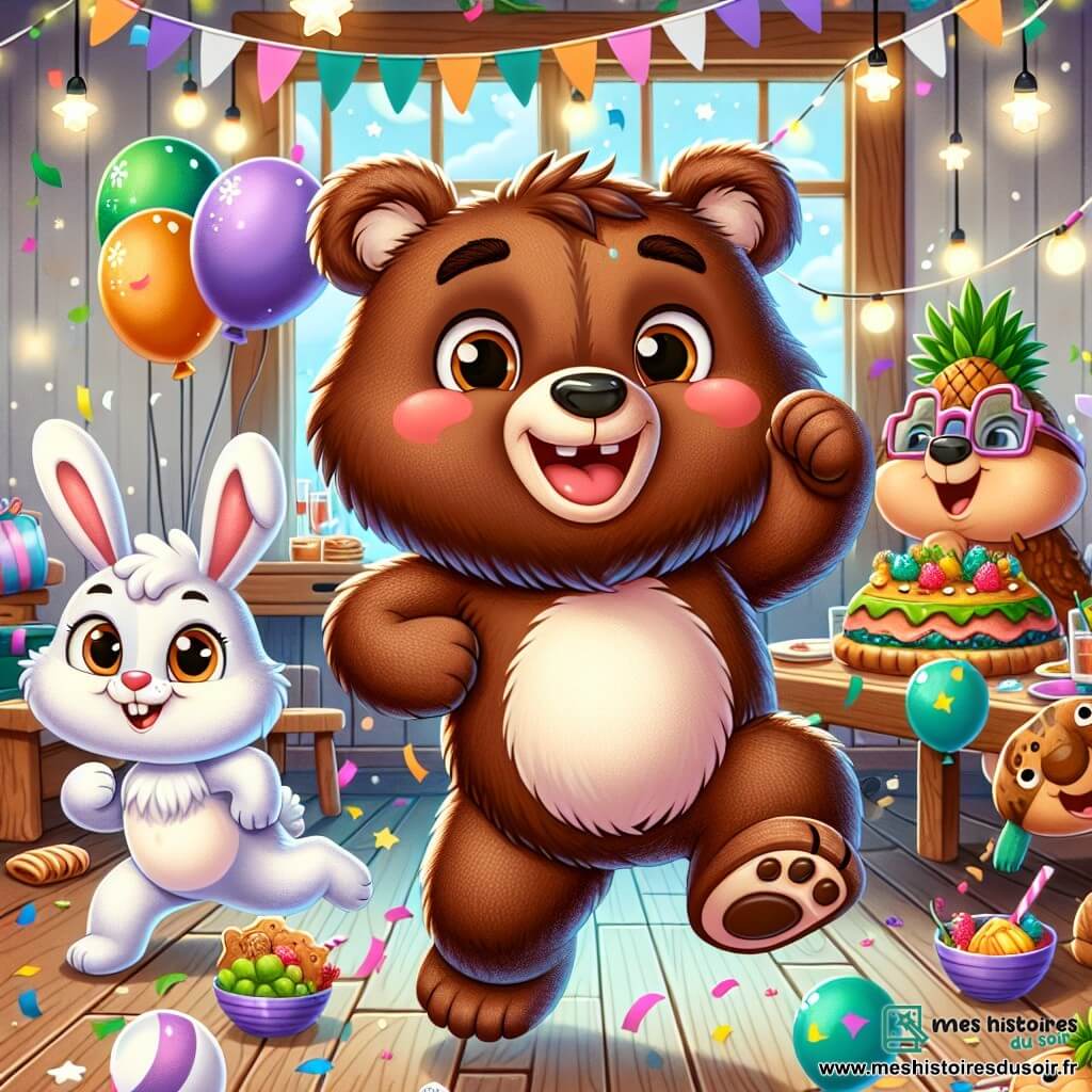 Illustration d'un ours joyeux au pelage brun et aux yeux malicieux, dansant avec enthousiasme entouré de guirlandes colorées et de ballons. À côté, un lapin aux grandes oreilles et pelage blanc saute de joie, tandis qu'une tortue avec une carapace verte et des lunettes danse lentement. La scène se déroule dans une maison en bois décorée de guirlandes scintillantes, avec une table chargée de plats colorés. L'ours et ses amis célèbrent le réveillon du Nouvel An dans une ambiance festive, remplie de rires et de musique, sous un ciel étoilé.