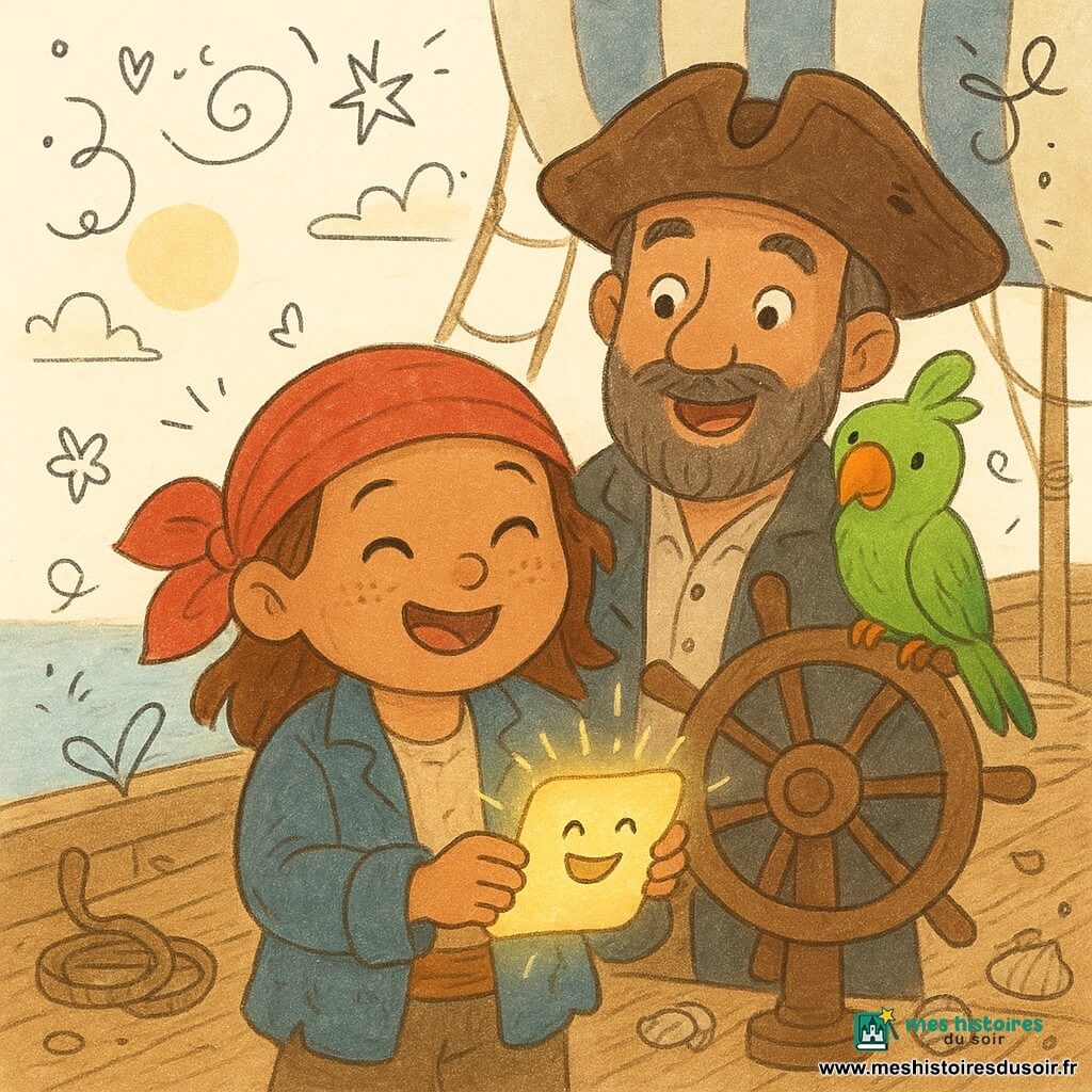 Mila, une jeune pirate joyeuse au visage rond et taches de rousseur, porte un foulard rouge et une veste bleue usée; elle tient une petite carte lumineuse et rieuse tandis qu'elle ouvre une bouteille sur le pont d'un vieux navire en bois aux cordages pendants et grande voile rayée, le capitaine Barbe-Poireau, homme d'environ 45 ans à la barbe poivre et sel et chapeau cabossé, sourit derrière elle près du gouvernail, un perroquet vert aux plumes éclatantes est sur son épaule droite, la mer est calme aux reflets argentés sous un ciel pastel et l'ambiance est chaleureuse et aventurière.