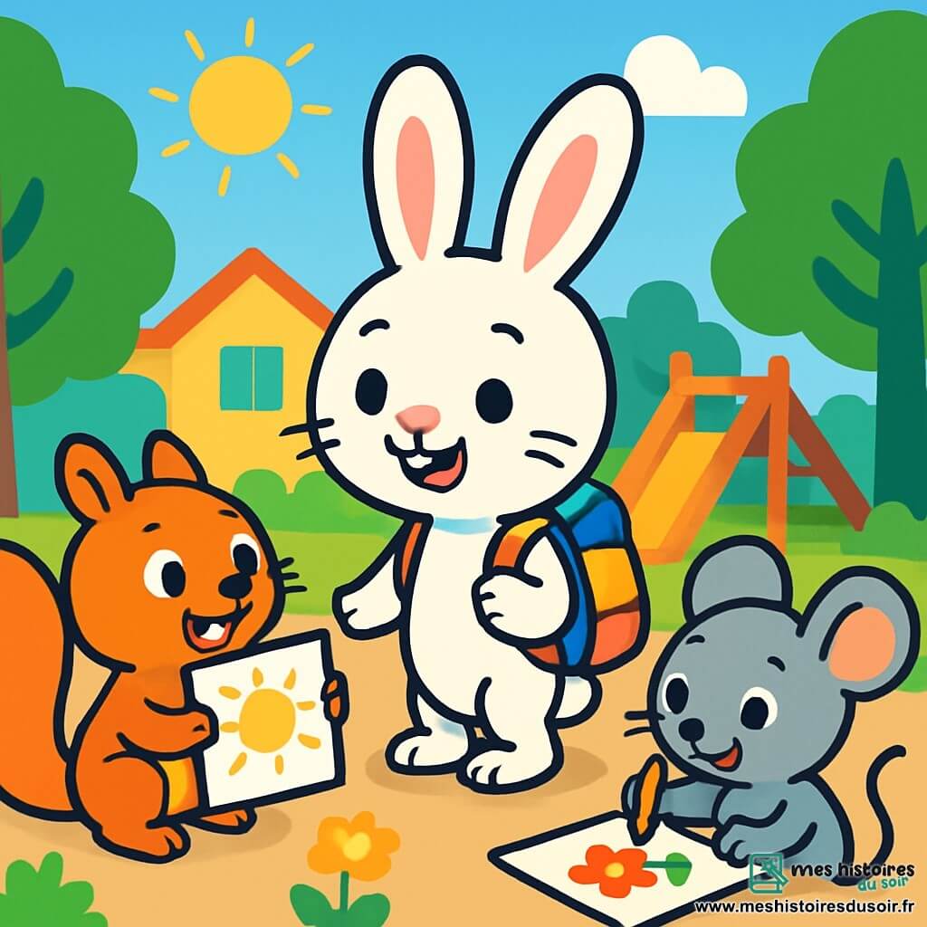 Petit Lapin, un adorable lapin aux grandes oreilles et au pelage blanc, sourit joyeusement au centre de l'image, portant un petit cartable coloré. À sa droite, Souricette, une petite souris grise, dessine avec enthousiasme, crayon à la patte. À gauche, Écureuil, un écureuil roux à la queue touffue, montre fièrement son dessin à Petit Lapin. Le décor est une cour d'école ensoleillée, entourée d'arbres et de fleurs, avec des jeux en bois en arrière-plan. La scène illustre la joie et l'excitation de la rentrée des classes.