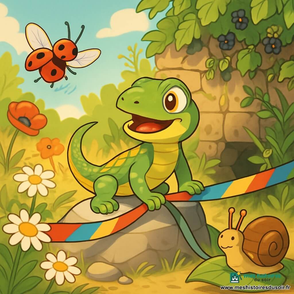 Auro, un jeune lézard aux écailles vertes et dorées, se tient sur un caillou, curieux et excité. À ses côtés, Pétale, une coccinelle rouge, vole joyeusement, tandis que Spirale, un escargot, avance lentement sur une feuille. Le décor est une friche en fleurs avec des coquelicots et des marguerites, le sol parsemé de pierres et d'herbe dorée. Auro, Pétale et Spirale sont déterminés à retirer un ruban coloré bloquant un passage secret, symbolisant leur courage et leur esprit d'aventure pour découvrir les trésors cachés.