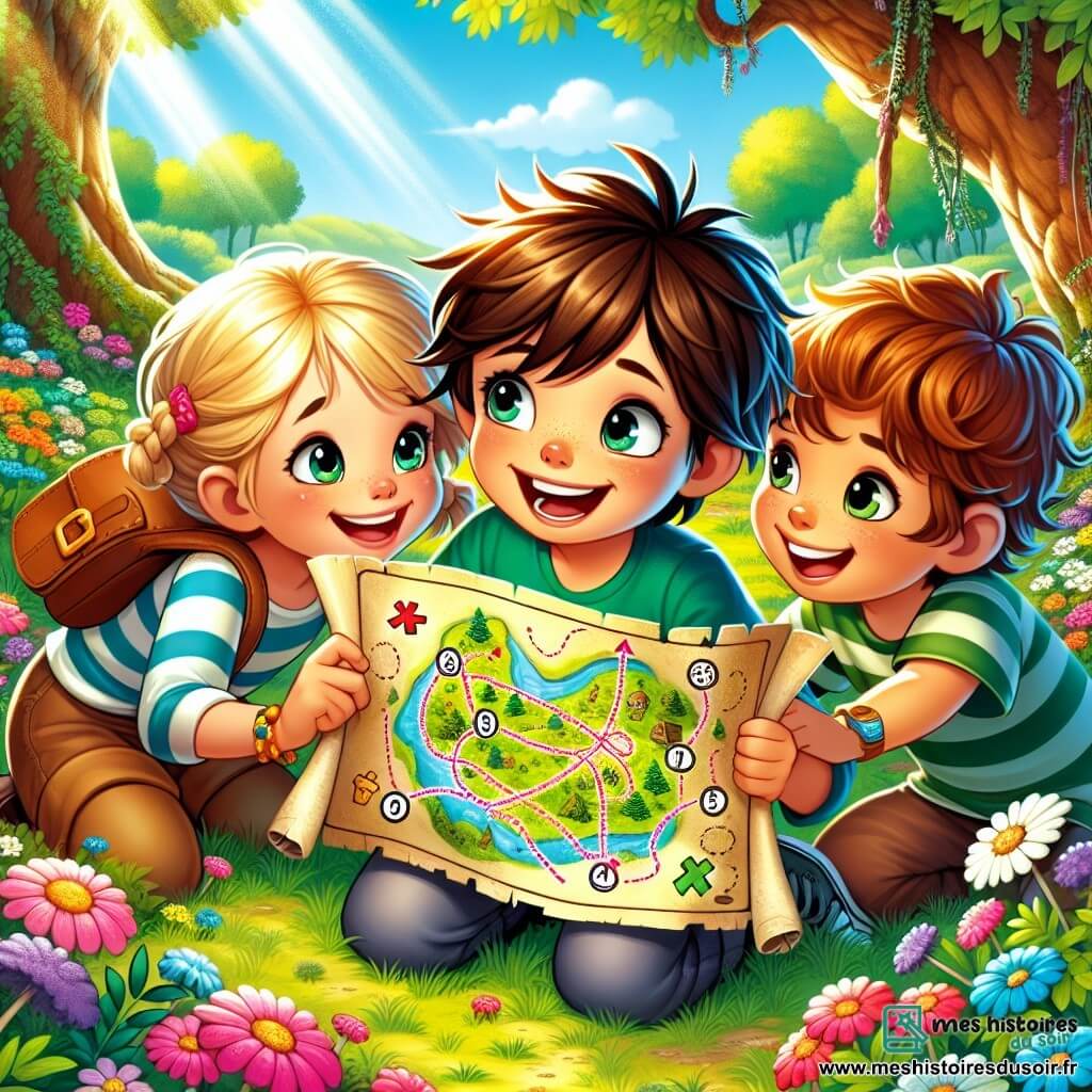 Lucas, 10 ans, aux cheveux châtains et aux yeux curieux, est assis sur l'herbe, souriant. Il tient une carte au trésor colorée. À ses côtés, sa cousine Julie, 9 ans, avec des cheveux blonds tressés, regarde la carte avec enthousiasme. Maxime, son cousin de 8 ans, aux cheveux bruns en bataille, pointe un arbre imposant, semblant avoir trouvé un indice. Ils se trouvent dans une clairière ensoleillée près d'un lac, entourée d'arbres et de fleurs sauvages. Les enfants, en pleine chasse au trésor, rient et s'apprêtent à creuser autour d'une croix gravée dans un arbre ancien.