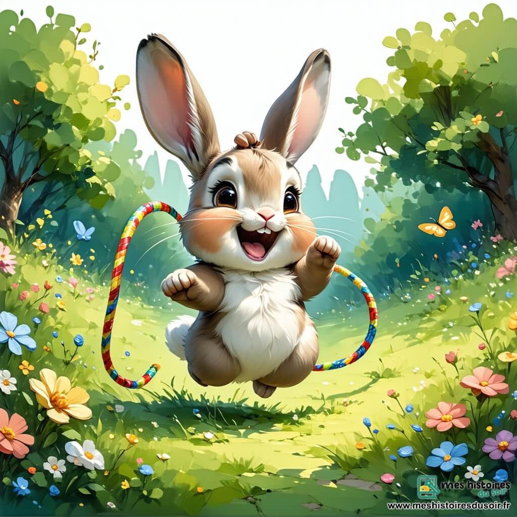 Dans une prairie verdoyante, un lapin nommé Pistache rit aux éclats et danse sur un tapis de fleurs colorées. À ses côtés, Cordy, une corde à sauter animée, s'agite joyeusement, tandis qu'un hibou nommé Professeur Hibou-Savant observe avec émerveillement. Le décor est une prairie enchantée, avec des carottes géantes et des marguerites dansantes, sous un ciel bleu orné de nuages en forme de barbe à papa, où des feux d'artifice en forme de carottes illuminent le ciel. La scène montre Pistache et ses amis en pleine fête pyjama, entourés de créatures de la forêt dansant, créant une atmosphère magique et joyeuse.