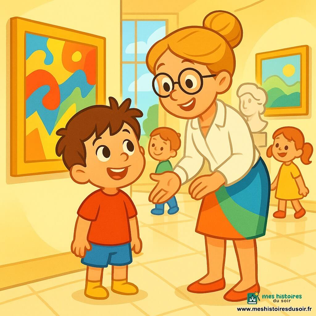 Un petit garçon de 4 ans, Tom, avec des cheveux bruns en bataille et des yeux curieux, se tient au centre de l'image. Il porte un t-shirt rouge et un short bleu, souriant en regardant une peinture colorée. À ses côtés, sa maîtresse, Madame Lise, une femme d'environ 30 ans avec des cheveux blonds en chignon et des lunettes rondes, sourit en expliquant l'œuvre. Elle est vêtue d'une blouse blanche et d'une jupe colorée, légèrement penchée vers Tom. Le musée est lumineux, avec de grandes fenêtres et des murs ornés de tableaux et sculptures. D'autres enfants admirent les œuvres, créant une atmosphère d'exploration.