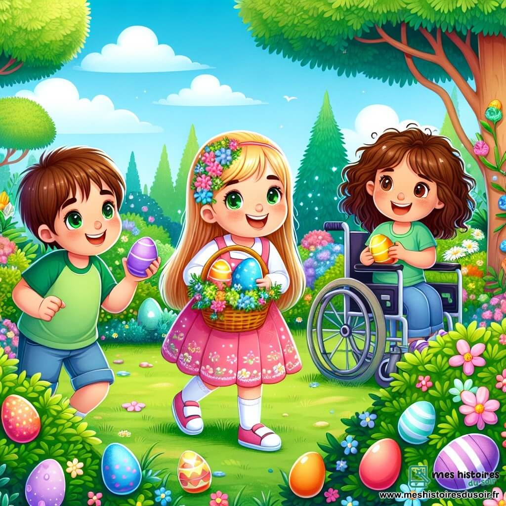 Dans un jardin verdoyant, Léo, 7 ans, tient un panier d'œufs colorés. À sa droite, Mia, 6 ans, montre un œuf bleu qu'elle a trouvé. À gauche, Tom, 8 ans, ramasse un œuf jaune. Zoé, 7 ans, sourit en tenant un œuf violet. Le jardin est rempli de fleurs et d'arbres sous un ciel bleu. Les enfants s'amusent à chercher des œufs de Pâques, riant et s'encourageant.