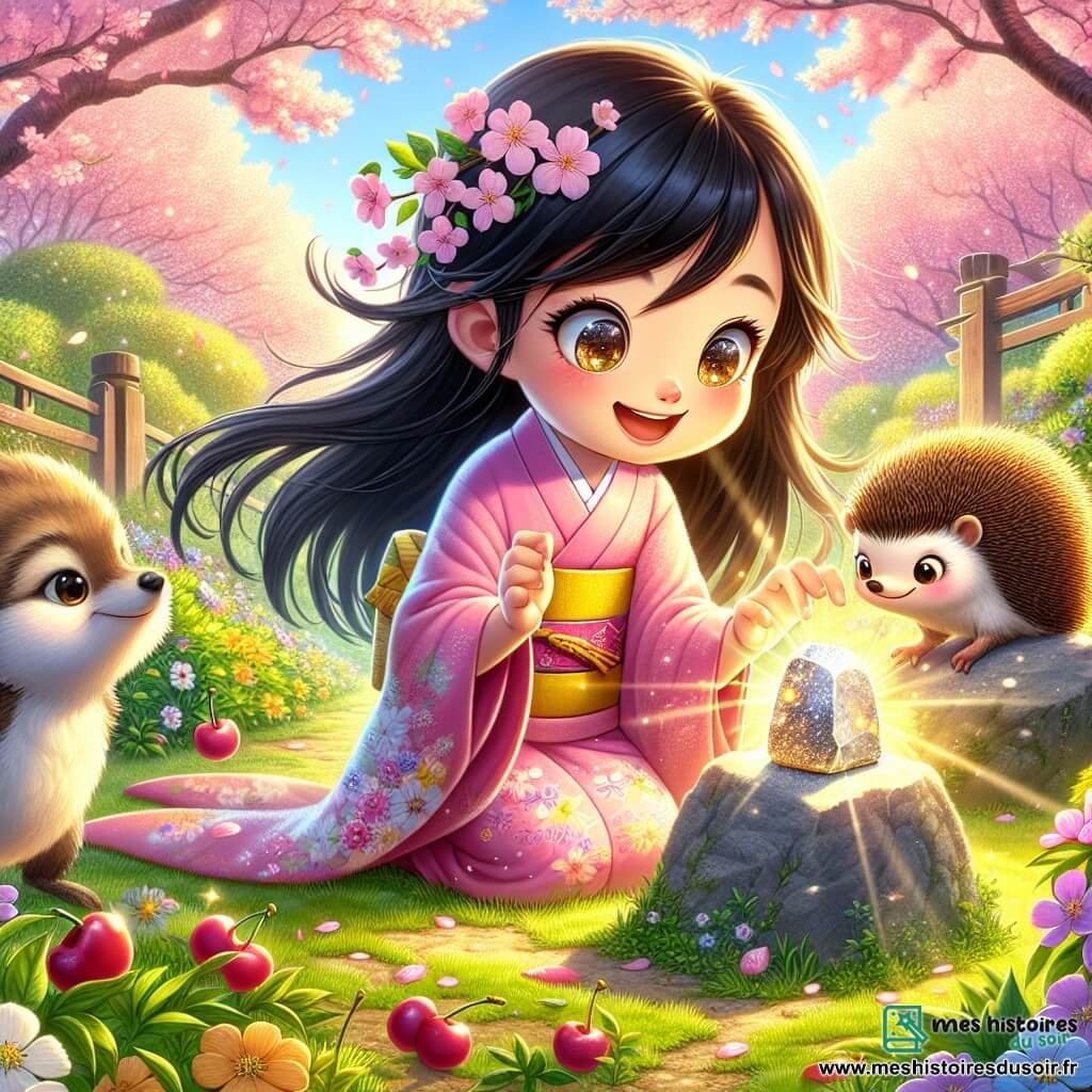 Aiko, une fille de 10 ans, se tient au centre de l'image, avec de longs cheveux noirs et des yeux curieux. Elle porte un kimono rose avec des motifs de fleurs de cerisier et exprime une joie éclatante en découvrant une pierre brillante sur un rocher dans un jardin secret. À sa droite, un petit oiseau coloré s'envole joyeusement après avoir été libéré d'un buisson. À sa gauche, un vieux hérisson se régale de cerises qu'Aiko lui a apportées, souriant de gratitude. Le jardin est enchanteur, avec des cerisiers en fleurs et des rayons de soleil illuminant le sol verdoyant. Aiko, émerveillée, touche la pierre magique brillante, entourée de ses amis animaux, symbolisant l'harmonie entre la nature et la gentillesse.