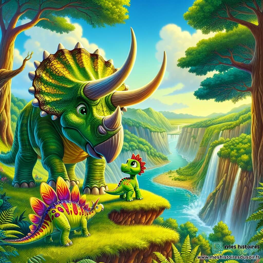 Un tricératops nommé Trixie, robuste et avec de majestueuses cornes, se tient au bord d'un ravin, affichant détermination et amitié. Sa peau verte est ornée de motifs jaunes et ses grands yeux pétillent de curiosité. À ses côtés, Spike, un petit stégosaure aux plaques dorsales colorées et aux yeux pleins d'espoir, admire son ami depuis le bas du ravin, prêt à le suivre. La scène se déroule dans une vallée verdoyante, illuminée par une lumière dorée, avec des fougères luxuriantes et de grands arbres. Au loin, une rivière scintillante ajoute une touche de magie. Trixie et Spike se préparent à descendre prudemment le ravin pour retrouver la maman de Spike, un moment de courage et d'amitié illustrant leur aventure.