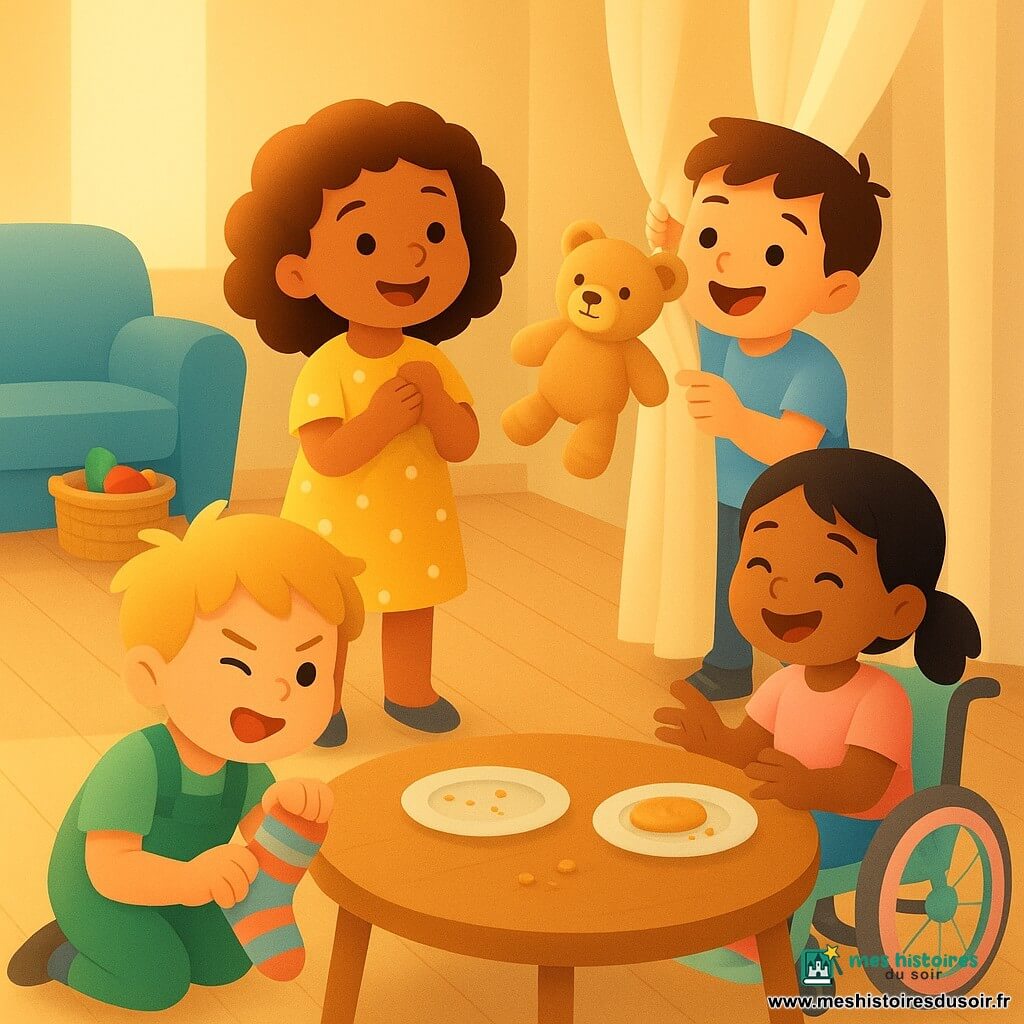 Quatre enfants d'environ 4 ans dans une cuisine-salon lumineuse : Lina, fille aux cheveux châtains bouclés, robe jaune à pois, tient le doudou beige Biscotte contre sa poitrine, visage soulagé et souriant ; Tom, garçon aux cheveux bruns courts, t-shirt bleu clair, se tient à droite derrière un rideau en tenant Biscotte accroché au tissu, air fier ; Maël, garçon blond en bataille en salopette verte, accroupi à gauche, tient une chaussette rayée en faisant une grimace comique ; Zoé, fille aux cheveux noirs en couettes en petite chaise roulante pastel, est à droite à l'avant-plan, tapotant la table en riant. La pièce a un sol en bois clair, une grande table ronde avec assiettes et biscuits, un panier à jouets près d'un canapé bleu et une lumière douce de fin d'après-midi ; la scène montre la joie de la retrouvaille du doudou, gestes et expressions exagérés, couleurs chaudes et textures douces (miettes de gâteau, taches de compote).