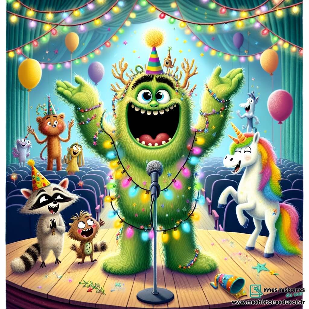 Au centre de l'image, Gustave, un monstre poilu et vert avec de grandes oreilles en chou-fleur, sourit joyeusement en racontant une blague, captivant son public. À sa droite, Léonie, une licorne aux crins arc-en-ciel, applaudit avec enthousiasme. À sa gauche, Rico, un raton laveur espiègle, rit aux éclats. Le décor se situe dans le Grand Théâtre de Rigolagogo, rempli de ballons multicolores et de guirlandes scintillantes. Gustave, entouré de ses amis, crée une atmosphère de joie et de camaraderie sur scène.