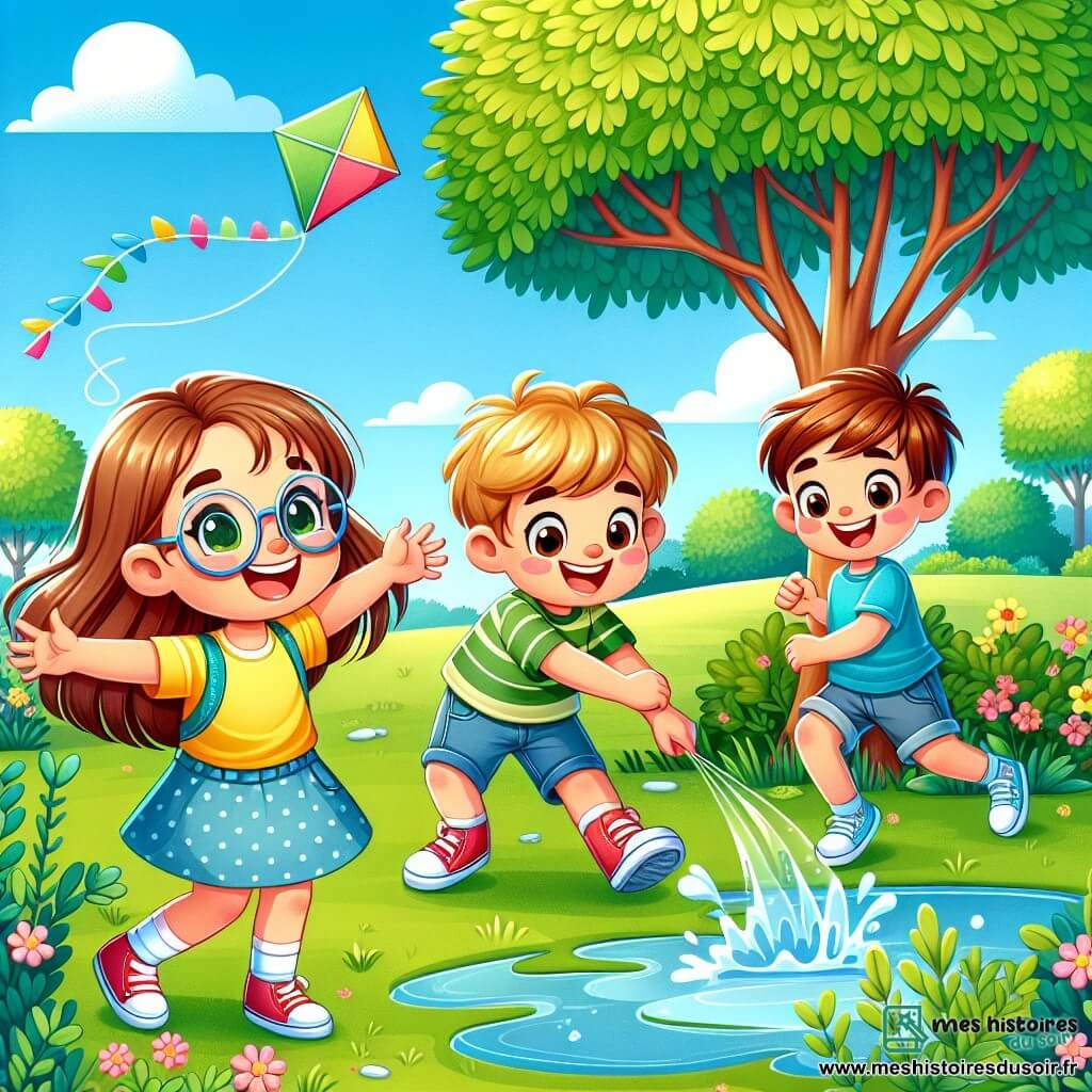 Trois personnages sont présents : Léa, une fille de 8 ans avec de longs cheveux bruns et des lunettes rondes, sourit joyeusement en levant les bras, portant un t-shirt jaune et une jupe à pois. Max, un garçon de 7 ans aux cheveux blonds en bataille et en t-shirt bleu, est accroupi près d'un buisson, cherchant le cerf-volant. Tom, un garçon de 8 ans avec des cheveux châtains et un short rouge, saute dans une flaque d'eau, éclaboussant autour de lui avec un grand sourire. L'action se déroule dans un parc verdoyant avec des arbres et des fleurs, sous un ciel bleu clair. Les trois amis sont en pleine aventure, riant et essayant de récupérer leur cerf-volant coincé dans un arbre, entourés d'éclaboussures d'eau et d'une ambiance joyeuse.