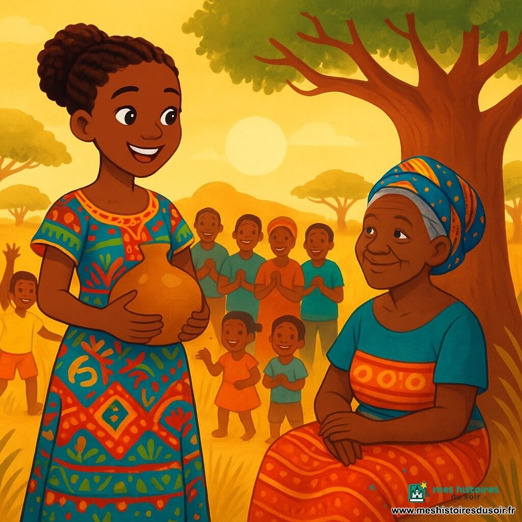 Awa, une jeune femme au teint doré et aux yeux doux, sourit rayonnante. Elle porte une robe colorée en tissu africain et tient une calebasse pleine de promesses. À ses côtés, Néné Fanta, une femme âgée aux cheveux argentés, est assise sous un grand baobab, regardant Awa avec fierté. Le décor est une savane dorée, baignée par la lumière du soleil couchant, avec un vieux baobab majestueux et des herbes dansantes. Awa annonce une bonne nouvelle aux villageois rassemblés, leurs visages illuminés par l'excitation, tandis que les enfants jouent en arrière-plan et les adultes écoutent attentivement, remplis d'espoir et de joie.