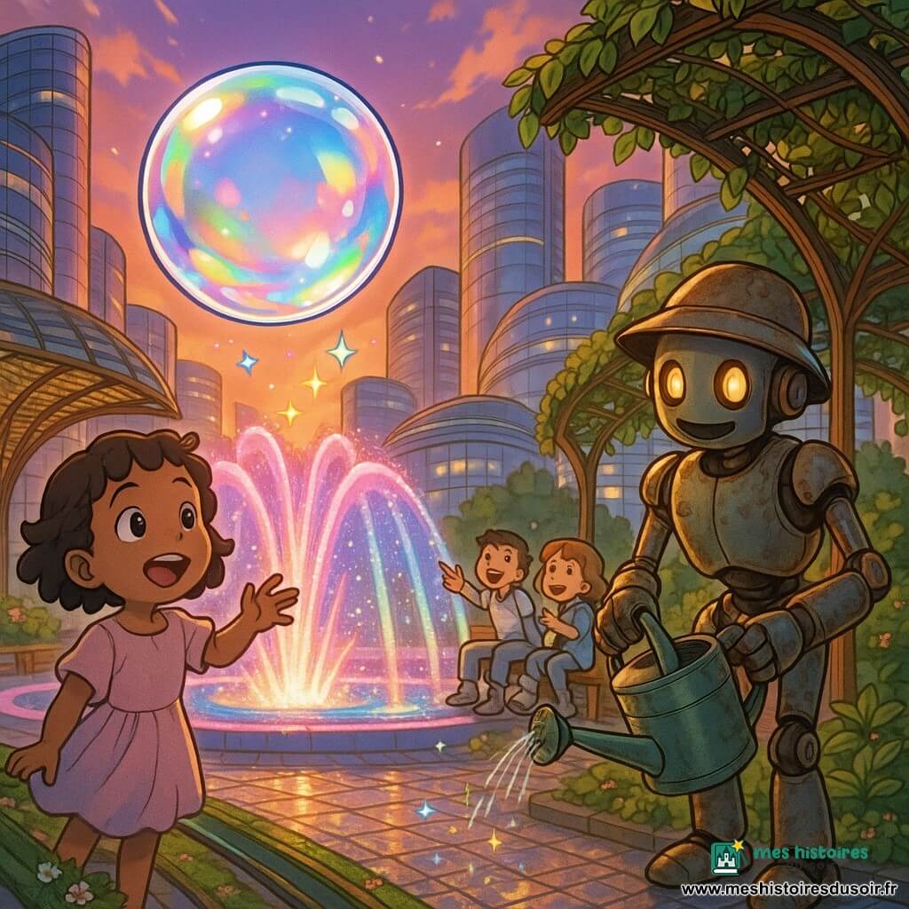 Bulle, petite sphère de cristal translucide de 20 cm, lisse et irisée, flotte et tournoie au-dessus d’une grande fontaine colorée en projetant des étoiles, une fillette d’environ 8 ans aux cheveux courts et bouclés, en robe pastel, lui tend la main à gauche de la fontaine, Pistil, un robot-jardinier au métal patiné et yeux LED chaleureux, arrose des plantes près d’une pergola végétale à droite, deux enfants assis sur un banc en arrière-plan rient et pointent la fontaine; lieu : place centrale d’une ville futuriste aux pavés brillants, rails magnétiques couverts de mousse, pergolas avec capteurs solaires et bâtiments aux façades courbes; ambiance : fin de journée festive et apaisée, lumières douces et couleurs irisées, atmosphère chaleureuse et bienveillante.