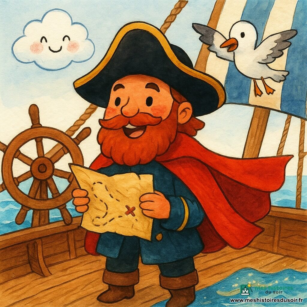 Le capitaine Malo, souriant et courageux, chapeau noir bordé d'or, barbe rousse, tient une carte au trésor froissée sur le pont en bois, cape rouge flottant, regard décidé ; une mouette blanche aux plumes grises vole et crie au-dessus du bastingage à droite ; un nuage rond et souriant avec joues roses se trouve à gauche ; le bateau en bois avec roue, cordages et voile beige et bleue navigue sur une mer divisée en trois chemins d'eau scintillante (sillon calme, courant bouillonnant, vague étincelante) ; ambiance lumineuse et colorée, style enfantin aux formes rondes, traits à l'encre visibles et arrière-plan simple, composition centrée sur le capitaine et la carte.