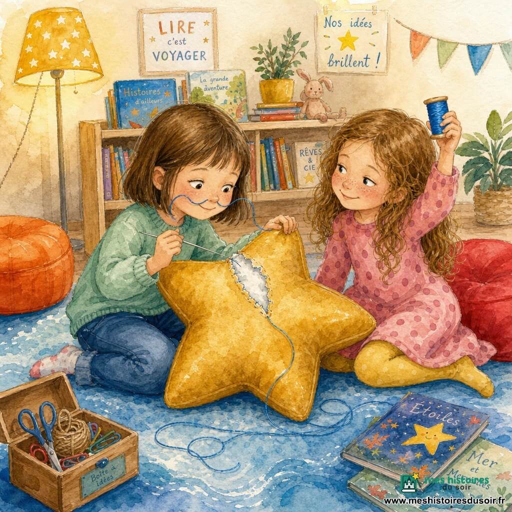 Deux filles de 6 ans recousent un gros coussin étoile doré au coin lecture d’une classe : Lila, à gauche, cheveux châtains courts, pull vert menthe et jean, concentrée, tient le coussin d’une main et guide l’aiguille de l’autre; Inès, à droite, cheveux longs bouclés châtain clair, robe à pois roses et collants jaunes, sourit malicieusement en brandissant la bobine de fil bleu comme un trophée. Le tapis bleu clair fait office de "mer", deux poufs (rouge et orange) encadrent la scène, une étagère basse avec des livres, une lampe à lumière miel et une boîte à outils ouverte (ciseaux, ficelle, trombones) complètent le décor; une petite ouverture laisse apparaître de la mousse blanche, le fil bleu s’enroule en boucles sur le tapis et crée une touche d’humour (presque une moustache sur le nez de Lila), ambiance chaleureuse et complice.