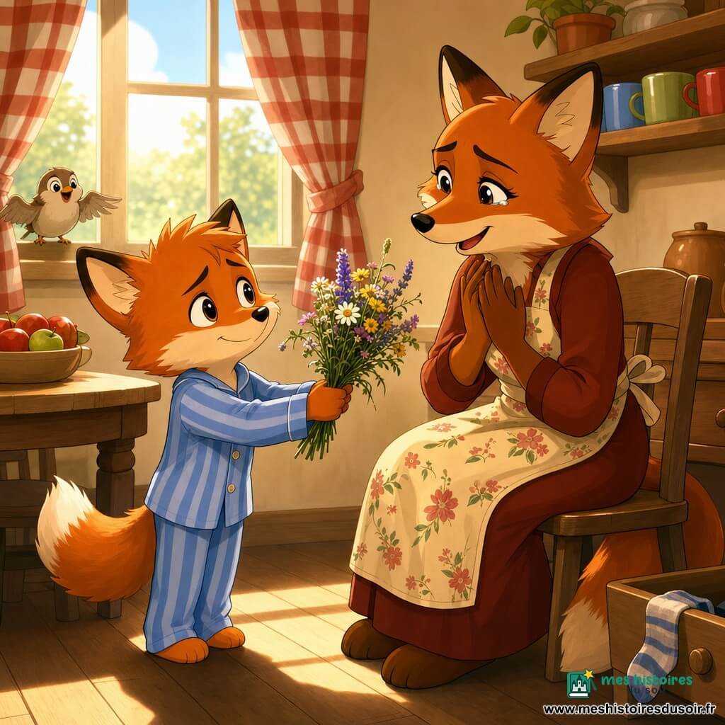 Lino, un petit renard roux de neuf ans au pelage brillant et taches blanches, en pyjama rayé bleu, offre timidement un bouquet de fleurs des champs à Maman Renarde, assise à droite en tablier fleuri, les yeux humides de joie; un moineau sur le rebord de la fenêtre observe, la cuisine chaleureuse (table en bois, rideaux vichy rouge et blanc, soleil doré, coupe de pommes, étagère à tasses) crée une ambiance tendre et lumineuse d'un matin de fête des mères centrée sur l'échange entre mère et fils.