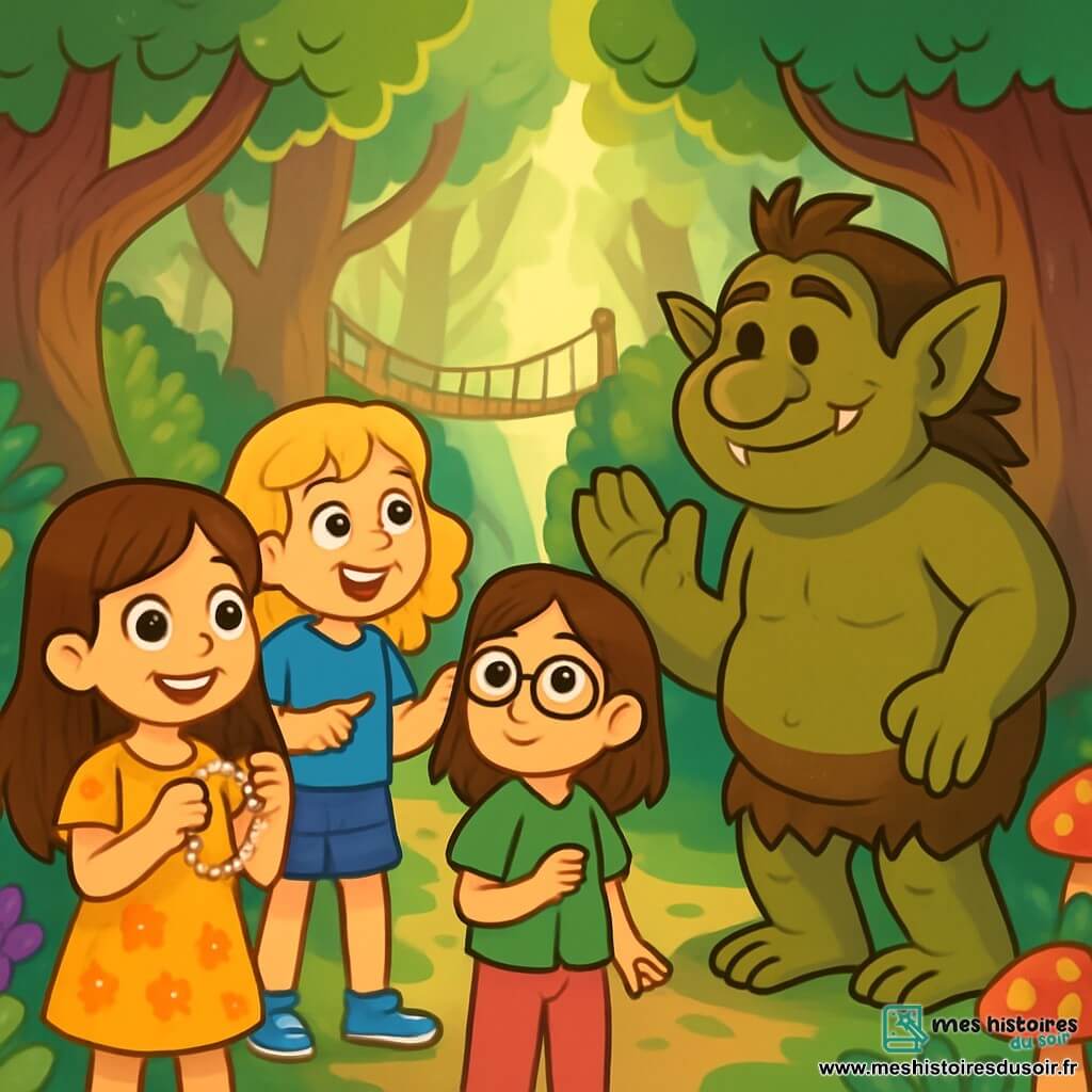 Trois personnages sont présents : Léa, une fille de 8 ans aux longs cheveux bruns, portant une robe jaune à fleurs et tenant un collier scintillant ; Chloé, également âgée de 8 ans, avec des cheveux blonds bouclés, vêtue d'un t-shirt bleu et d'un short en jean, souriante et pointant vers un pont de lianes ; et Nora, 8 ans, avec des cheveux châtains et des lunettes rondes, portant une blouse verte et un pantalon rose, observant un troll amical devant elles. L'action se déroule dans une forêt enchantée, avec de grands arbres, des rayons de soleil filtrant à travers le feuillage, et un pont de lianes suspendu au-dessus d'un précipice, où un troll souriant pose une énigme aux trois amies, créant une atmosphère magique et mystérieuse.