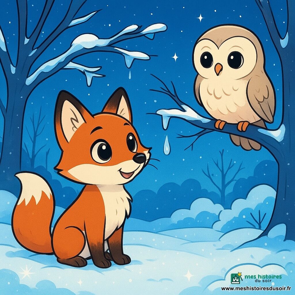 Un petit renard roux, Léo, aux yeux brillants, se tient au centre de la scène, ses pattes dans une neige étincelante. Il admire une goutte de glace suspendue à une branche. À proximité, une chouette, Mimi, perchée sur une branche, observe Léo avec un sourire amical. Le jardin est recouvert de neige scintillante, avec des arbres aux branches ornées de cristaux de glace, sous un ciel bleu parsemé d'étoiles. La scène capture le moment où Léo découvre la beauté de l'hiver et les merveilles de la nature.