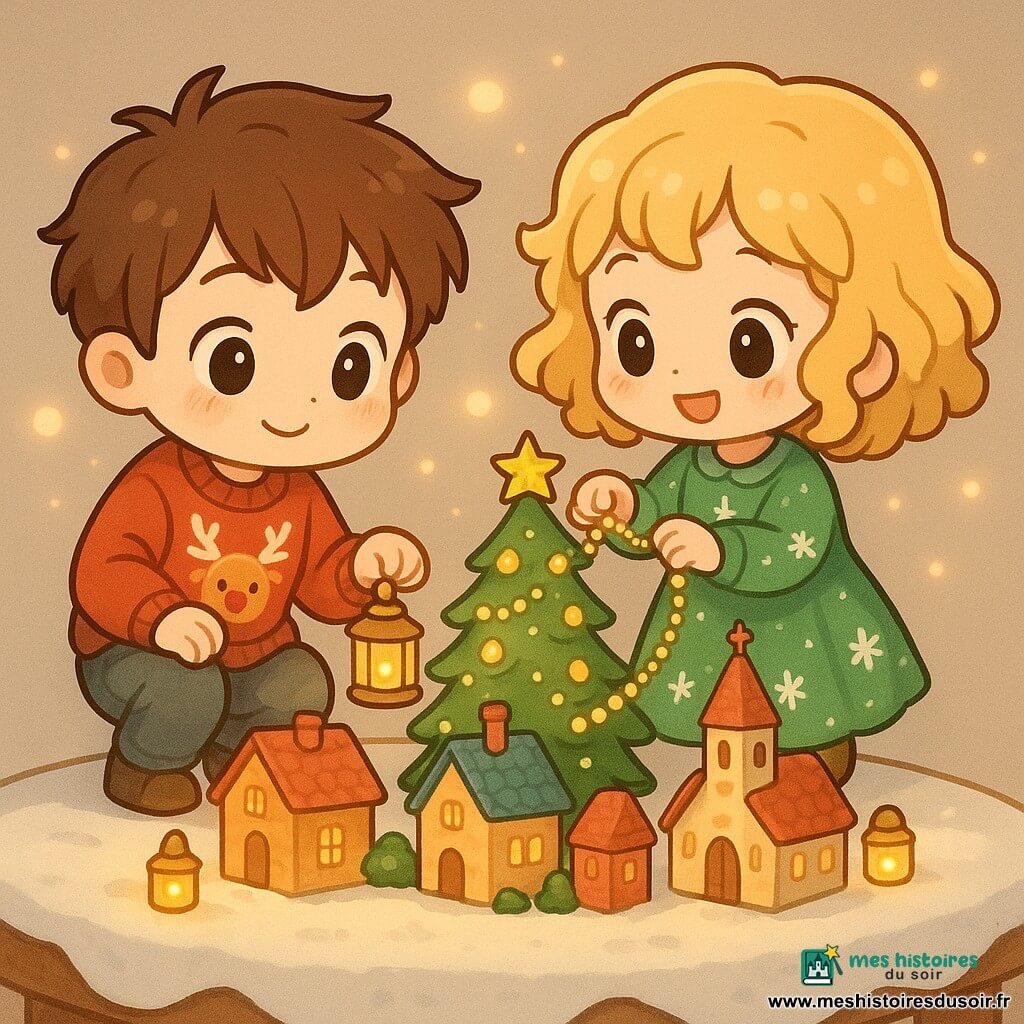 Deux enfants de quatre ans, Léo et Mia, sont les personnages principaux. Léo, aux cheveux bruns, porte un pull rouge avec des motifs de rennes et tient une lanterne dorée. Mia, aux cheveux blonds bouclés, porte une robe verte avec des flocons de neige et place une guirlande dorée sur un sapin miniature. Ils sont autour d'un village miniature sur une table recouverte d'un tissu blanc semblable à de la neige. Le village est composé de petites maisons colorées, d'une église et d'un sapin décoré. Des lanternes diffusent une lumière douce, créant une ambiance chaleureuse et magique. Les enfants, émerveillés, sourient en illuminant le village avec leurs lanternes et guirlandes, tandis qu'une étoile de papier brille au sommet du sapin.
