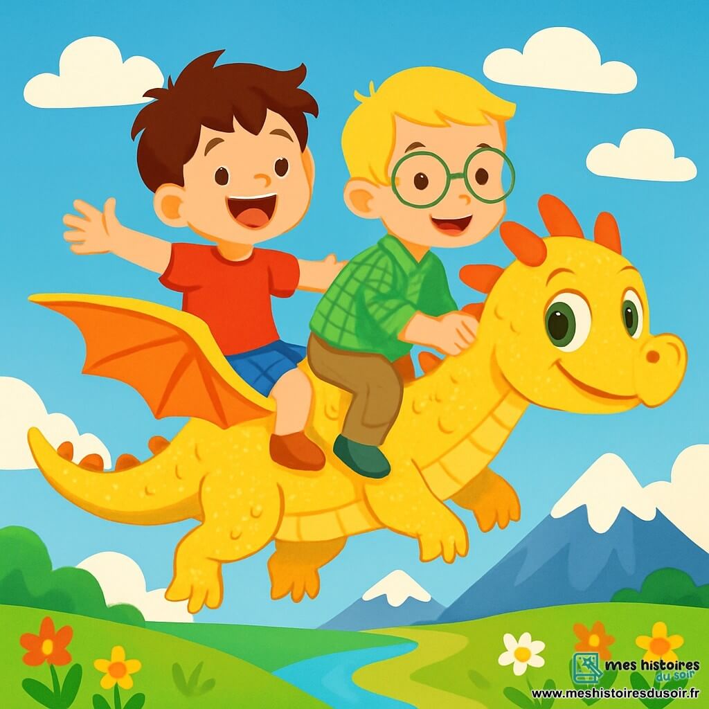 Il y a 3 personnages : Léo, un garçon de 7 ans avec des cheveux bruns en bataille et un t-shirt rouge, souriant les bras ouverts sur le dos du dragon. Max, un garçon de 6 ans avec des cheveux blonds et des lunettes rondes, assis sur Drago, le dragon, émerveillé. Drago est un petit dragon scintillant aux écailles dorées et aux grandes ailes colorées, volant au-dessus d'un paysage magique. Le ciel est bleu avec des nuages blancs, et en dessous s'étendent des montagnes enneigées, une rivière scintillante et des prairies verdoyantes. L'histoire montre Léo et Max, joyeux, volant sur Drago, prêts pour une nouvelle aventure.