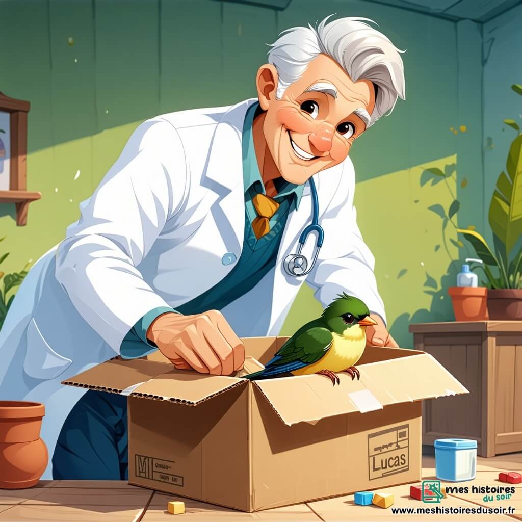 Monsieur Lucas, un vétérinaire jovial d'une cinquantaine d'années, se tient au centre de la scène dans sa blouse blanche. Son visage lumineux est marqué par un large sourire et des yeux bienveillants. Il examine avec douceur un oiseau blessé dans une petite boîte en carton, montrant son dévouement pour les animaux. À ses côtés, Sophie, une petite fille de 8 ans aux cheveux bouclés, l'observe avec impatience, tandis que Timothée, un garçon de 9 ans avec des lunettes et une casquette, tient un stéthoscope, prêt à aider. La scène se déroule dans un cabinet vétérinaire chaleureux, décoré de dessins d'enfants, avec une grande fenêtre laissant entrer la lumière sur un jardin où jouent d'autres animaux. L'histoire met en avant Monsieur Lucas soignant le petit oiseau, entouré des enfants admiratifs, dans une ambiance de curiosité et de compassion, soulignant l'importance de prendre soin des animaux.