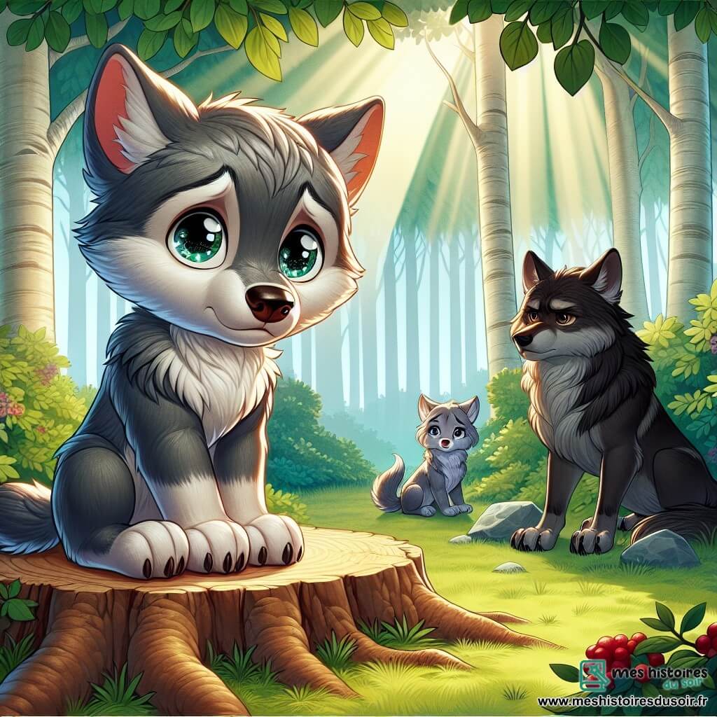 Illustration d'un petit loup, un jeune garçon à la fourrure grise et aux yeux brillants, assis sur une souche d'arbre en forêt, affichant une expression d'inquiétude et de détermination en regardant ses parents. Sa maman, une louve au pelage brun, semble triste et préoccupée, tandis que son papa, un loup au pelage sombre, est pensif. La scène se déroule dans une clairière ensoleillée, entourée d'arbres majestueux et de fleurs sauvages colorées. Le petit loup cherche à rassembler le courage de parler à ses parents pour apaiser les tensions. Des oiseaux chantent et des papillons volent autour, créant une atmosphère paisible.