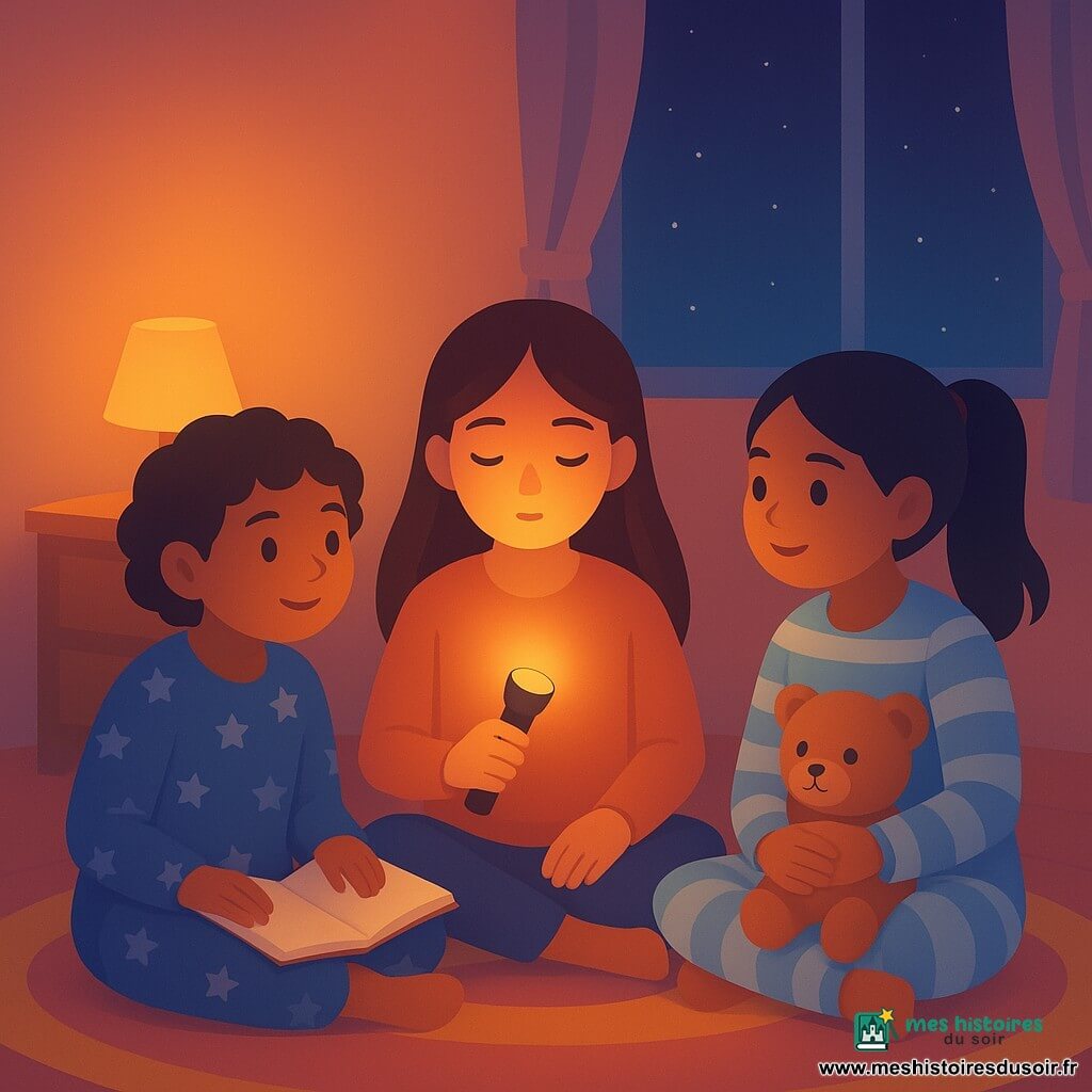 Trois personnages sont présents : Lila, une fille de 10 ans avec de longs cheveux bruns et des yeux curieux, est assise sur un tapis moelleux dans sa chambre, tenant une petite lampe de poche qui éclaire son visage. Sami, une fille de 10 ans avec des cheveux courts et bouclés, porte un pyjama à motifs d'étoiles et tient un petit carnet ouvert sur ses genoux, assise à gauche de Lila. Noor, une fille de 10 ans avec des cheveux noirs attachés en queue de cheval, porte un pyjama rayé et tient une peluche, assise à droite de Lila. La chambre d'enfant est chaleureuse, avec des murs aux couleurs pastel, une fenêtre aux rideaux légers laissant entrevoir la nuit étoilée, et un tapis coloré sur le sol. La lumière douce de la lampe de chevet crée une ambiance rassurante. Les trois filles sont assises en cercle sur le tapis, concentrées sur un exercice de respiration. Lila a une expression de calme et de détermination, tandis que Sami et Noor l'encouragent avec des sourires bienveillants. La scène dégage une atmosphère de complicité et de courage face à la peur de la nuit.