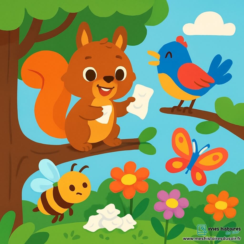 Un petit écureuil aux poils bruns et soyeux, avec de grands yeux pétillants, se tient sur une branche d'un arbre. Il sourit, tenant un bout de papier dans ses griffes. À côté, un oiseau coloré chante joyeusement. Plus bas, une abeille dorée vole autour des fleurs, concentrée. Un papillon aux ailes multicolores danse dans l'air près des fleurs. Le jardin est luxuriant, rempli de fleurs éclatantes, sous un ciel bleu clair. Des feuilles brillent au sol, et un tas de déchets en papier est visible. L'écureuil nettoie le jardin, entouré de ses amis, unis pour protéger la nature.