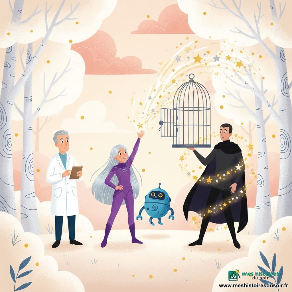 Stella, héroïne souriante aux longs cheveux argentés, en costume violet scintillant, lève les bras et envoie un rayon d'étoiles qui ouvre la cage, libérant Bippy, petit robot rond bleu aux yeux lumineux, tandis que le Dr Pépito, quinquagénaire en blouse blanche, l'observe soulagé et qu'Ombre Noir, grand homme en cape sombre, recule surpris; la scène se déroule dans la Forêt des Nuages — arbres à feuilles de coton, sol moelleux, lucioles dorées et ciel crème — éclairage chaud et contrasté, composition centrée, couleurs vives, style doux et enfantin.