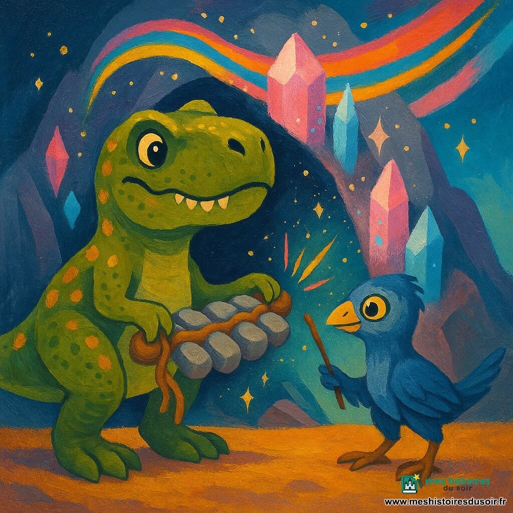 Tarl, un Tyrannosaure Rex vert olive tacheté d'ocre, émerveillé, joue d'un instrument artisanal en pierres tintantes et racines, tandis que Nérax, un Troodon plus petit aux plumes bleu-gris et yeux dorés, marque le rythme avec une branche ; ils se tiennent devant l'entrée d'une grotte cristalline incrustée de cristaux roses et bleus scintillants et de stalactites lumineuses, la poussière dorée flottant dans l'air, les cristaux vibrant et émettant des éclats lumineux et des ondes colorées en réponse aux notes, créant une ambiance magique et chaleureuse aux forts contrastes et textures d'acrylique visibles.