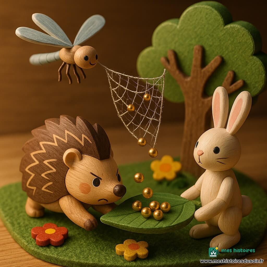 Un petit hérisson en bois peint, corps rond et piquants brun et crème, pousse un filet qui laisse tomber de petites perles dorées : au-dessus, une libellule en bois aux ailes bleu clair souffle doucement, à côté un lapin en bois blanc aux longues oreilles roses tient une grande feuille verte comme assiette sous les perles, tandis qu’une minuscule araignée brune reste accroché au fil, un peu honteuse ; le tout dans une mini clairière posée sur une table en bois avec tapis d’herbe en feutre, fleurs en bois rouges et jaunes et un vieux chêne stylisé, le filet étant un fil argenté tendu entre deux branches parsemé de perles scintillant comme des gouttes de rosée, atmosphère ludique et chaleureuse aux couleurs douces éclairée par une lampe chaude comme un petit diorama rassurant.