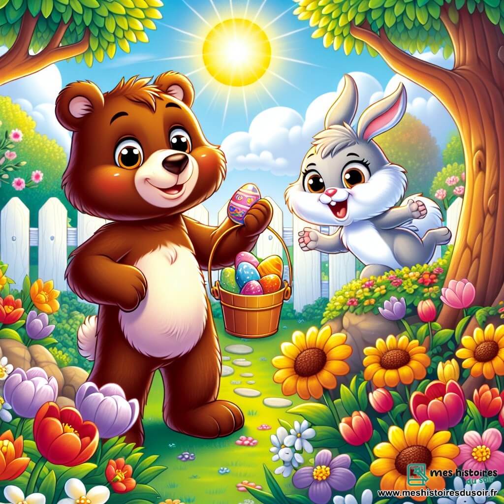 Dans un jardin ensoleillé, un ours brun nommé Barnabé sourit en tenant un œuf de Pâques coloré. À ses côtés, un petit lapin blanc nommé Léo, aux grandes oreilles, saute de joie en montrant un seau rempli de carottes. Un peu plus loin, une écureuil rousse nommée Chloé grimpe à un arbre avec une noix, observant ses amis. Le jardin est rempli de fleurs éclatantes et d'une fontaine scintillante, créant une ambiance joyeuse. Barnabé, Léo et Chloé célèbrent la découverte d'œufs de Pâques cachés dans une atmosphère festive.