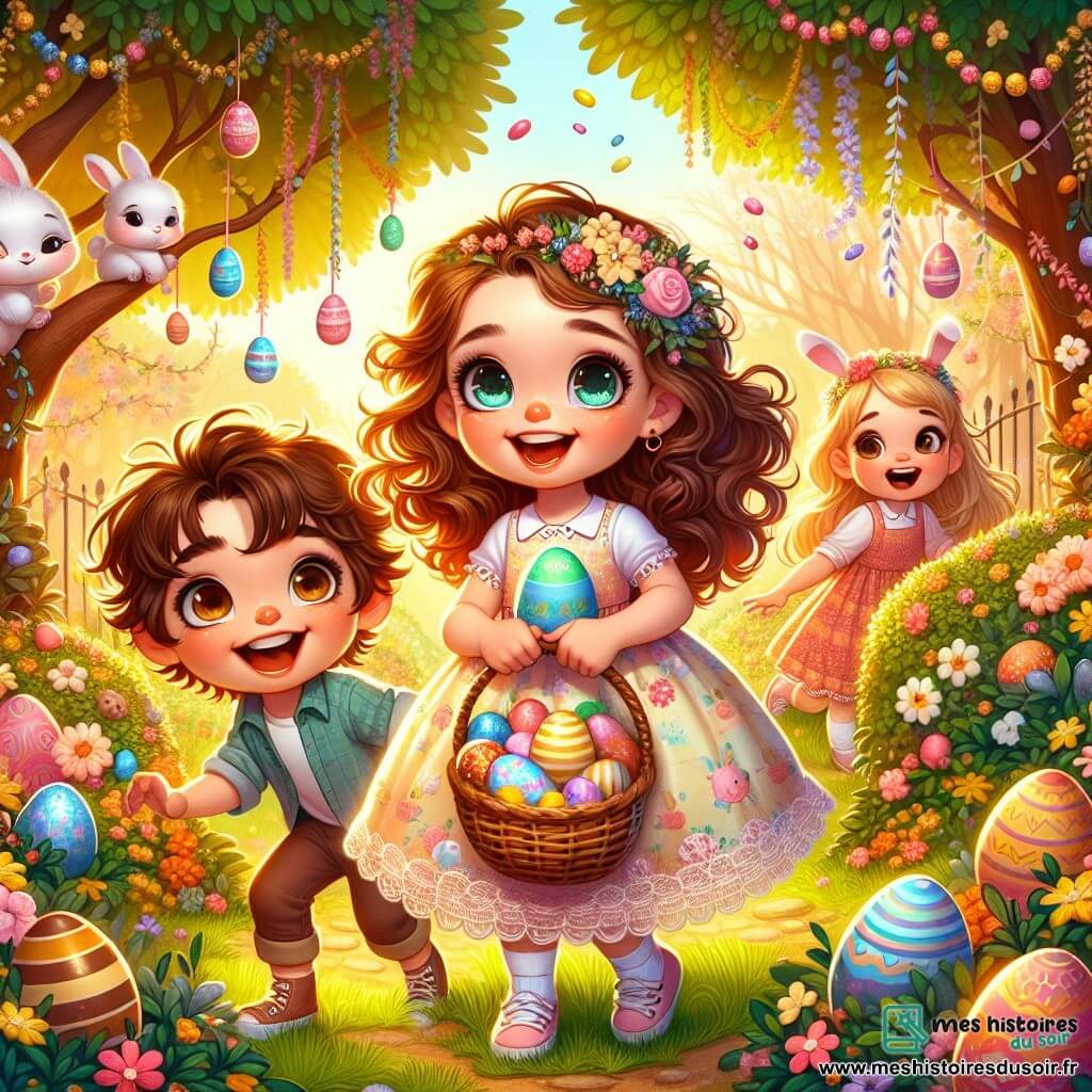 Clara, une fille de 11 ans aux cheveux châtains bouclés et aux yeux pétillants, se trouve dans un jardin coloré, entourée de fleurs et de décorations de Pâques. Elle porte une robe pastel avec des lapins et tient un panier en osier rempli d'œufs en chocolat, rayonnante de bonheur. À ses côtés, Lou, 10 ans, avec des cheveux blonds tressés, brandit un gros œuf en chocolat, tandis que Max, 11 ans, au visage couvert de chocolat, sort d'un buisson en riant. Le jardin est illuminé par le soleil, avec des arbres fleuris et des œufs cachés. Clara et ses amis s'amusent à chasser les œufs de Pâques, profitant de cette journée ensoleillée.