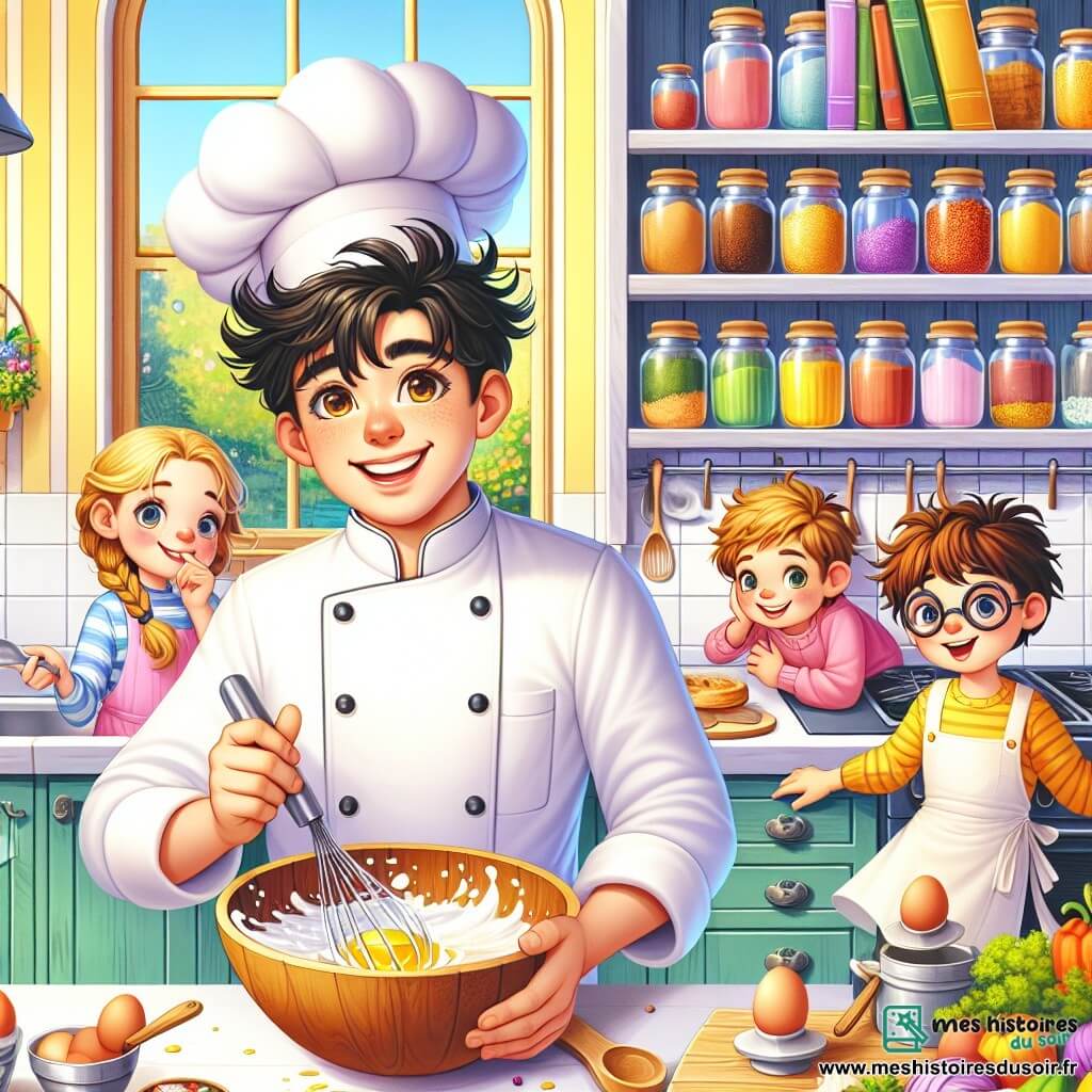 Chef Lucien, un cuisinier, se tient dans sa cuisine lumineuse avec une toque légèrement de travers, souriant joyeusement en battant des œufs. À ses côtés, Léa, 8 ans, aux cheveux blonds tressés, l'observe avec une cuillère en argent. Tom, 9 ans, aux lunettes rondes, cherche des épices sur une étagère, tandis que Rémi, 7 ans, feuillette des livres de recettes assis par terre. La cuisine est spacieuse, avec des murs jaune pastel, des bocaux colorés et une grande fenêtre. Ils se préparent à partir à l'aventure pour dénicher des ingrédients rares pour un plat spécial pour la fête du village.