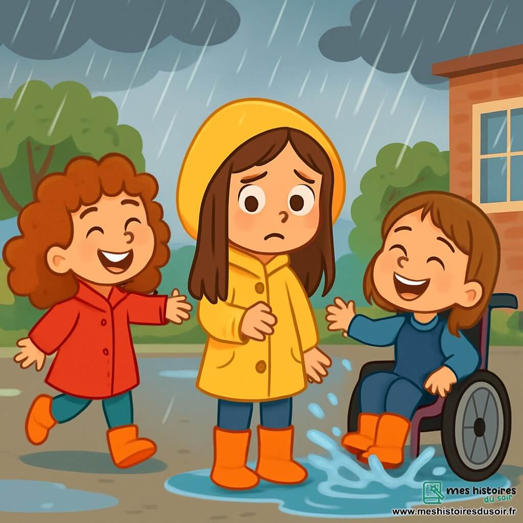 Il y a trois personnages : Lina, une fille de 6 ans avec de longs cheveux bruns, des yeux curieux et un imperméable jaune, debout au centre avec une expression de peur ; Zoé, également âgée de 6 ans, avec des cheveux bouclés et un grand sourire, portant un manteau rouge et tendant la main à Lina ; et Emma, une fille de 6 ans en fauteuil roulant, avec des cheveux lisses et une grande joie, riant et éclaboussant une flaque d'eau. La scène se déroule dans une cour d'école sous une pluie battante, avec des gouttes d'eau et des flaques brillantes. Lina est un peu effrayée par la pluie, tandis que Zoé l'encourage et qu'Emma s'amuse, illustrant ainsi le thème de l'amitié et du soutien face à la peur.