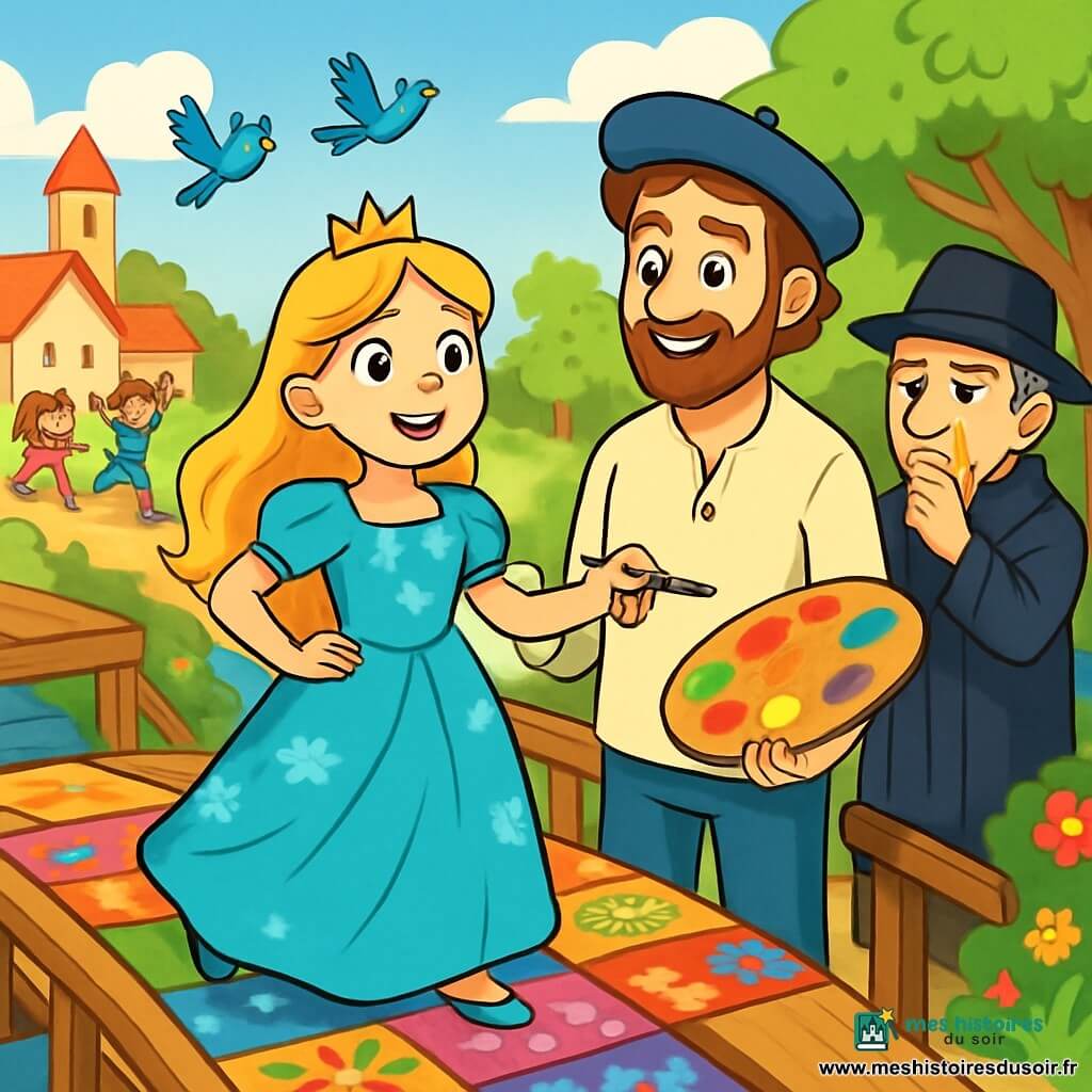 La princesse Liora, avec ses longs cheveux dorés, porte une robe turquoise ornée de fleurs. Son visage exprime détermination et joie au milieu d'un pont coloré, entourée de planches aux motifs vibrants. À ses côtés, Matteo, un peintre d'une trentaine d'années, sourit en tenant une palette de couleurs. Le juge, un homme âgé en robe sombre et chapeau noir, observe pensivement la scène. Le pont en bois, reliant un village animé à un bosquet luxuriant, est partiellement réparé. Les arbres scintillent sous le soleil et des fleurs colorées bordent le chemin. En arrière-plan, des enfants jouent et des oiseaux volent dans le ciel bleu. Liora et Matteo célèbrent la réparation du pont, entourés de villageois enthousiastes, prêts à traverser ensemble, tandis que le juge commence à sourire, prêt à accepter cette nouvelle harmonie.