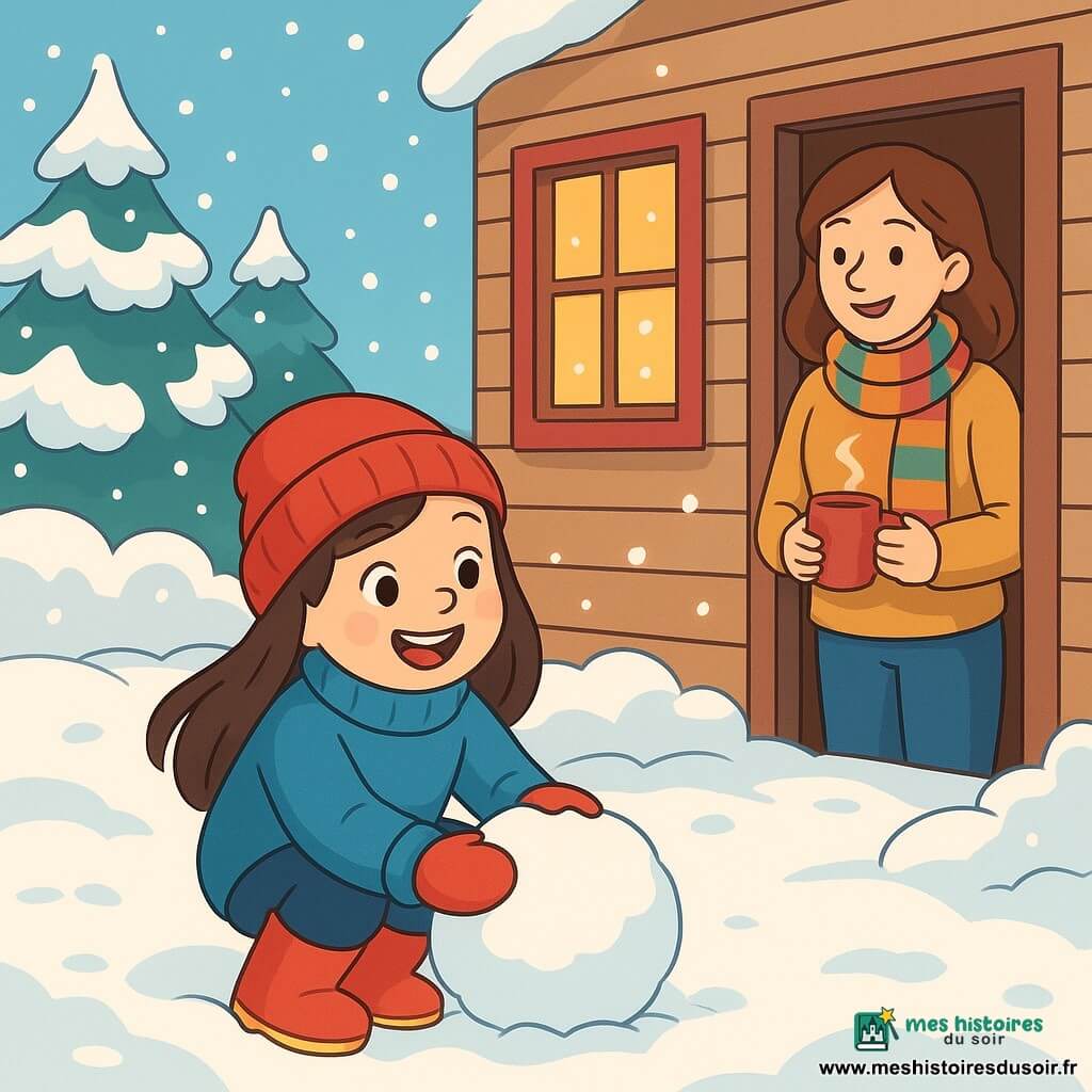 Une fille de 8 ans, Louise, sourit en jouant dans un jardin enneigé. Elle porte un gros pull bleu, un bonnet rouge et des bottes en caoutchouc. Sa maman, une femme d'environ 35 ans, l'observe depuis la porte de la maison, enveloppée dans une écharpe colorée et tenant une tasse de chocolat chaud. Le jardin est recouvert de neige scintillante, avec des arbres chargés de flocons et une maison en bois aux volets rouges. Louise s'amuse à faire des boules de neige, riant dans le silence magique de l'hiver, tandis que des flocons tombent autour d'elle.