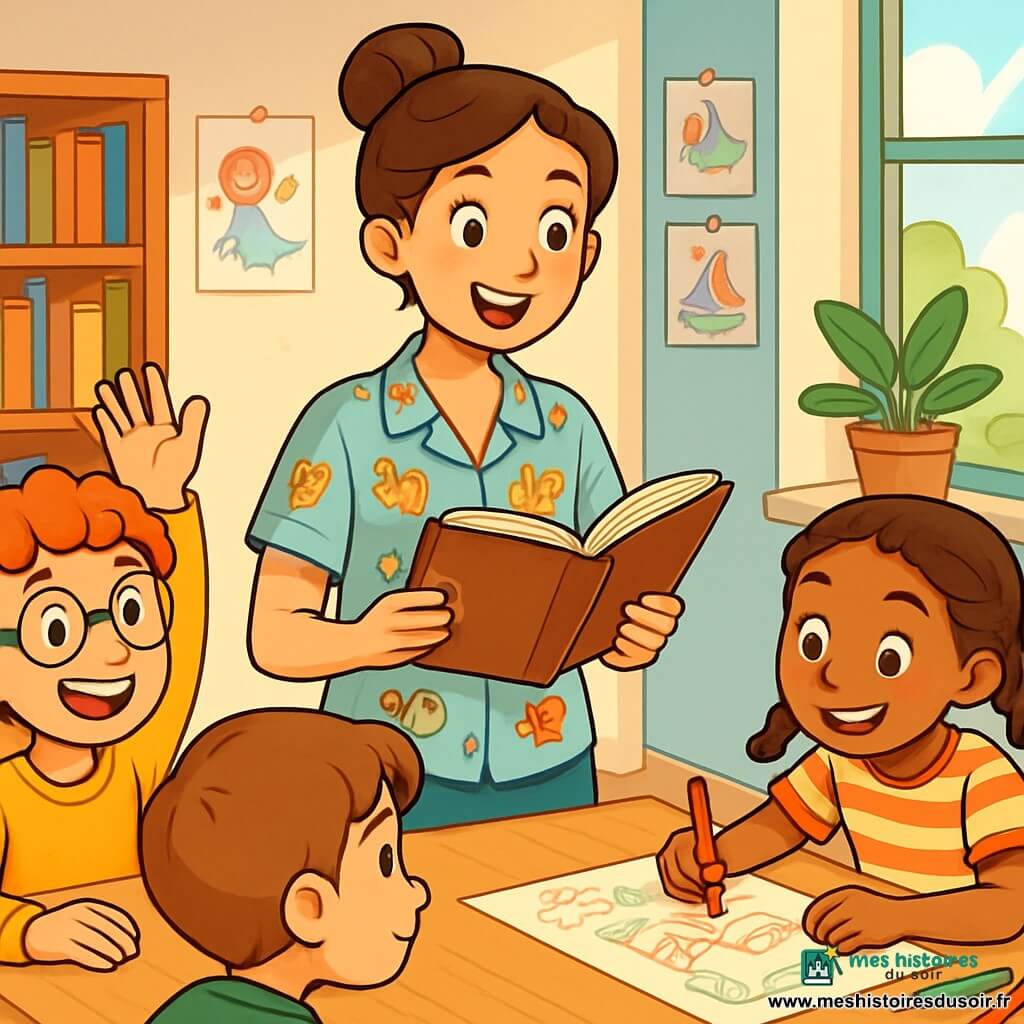 Une institutrice d'une trentaine d'années, souriante, avec des cheveux châtains en chignon, se tient devant une grande table en bois, entourée d'enfants. Elle porte une blouse colorée ornée de dessins d'animaux et tient un carnet ouvert, les yeux brillants d'excitation. Un garçon de 8 ans, aux cheveux bouclés et lunettes rondes, lève la main avec enthousiasme, tandis qu'une fille de 9 ans avec des tresses dessine sur une grande feuille de papier. La scène se déroule dans une salle de classe lumineuse, décorée de dessins d'enfants et de livres colorés, avec une grande fenêtre laissant entrer la lumière. L'institutrice guide ses élèves dans un projet d'écriture de contes, créant une atmosphère de créativité et d'enthousiasme.