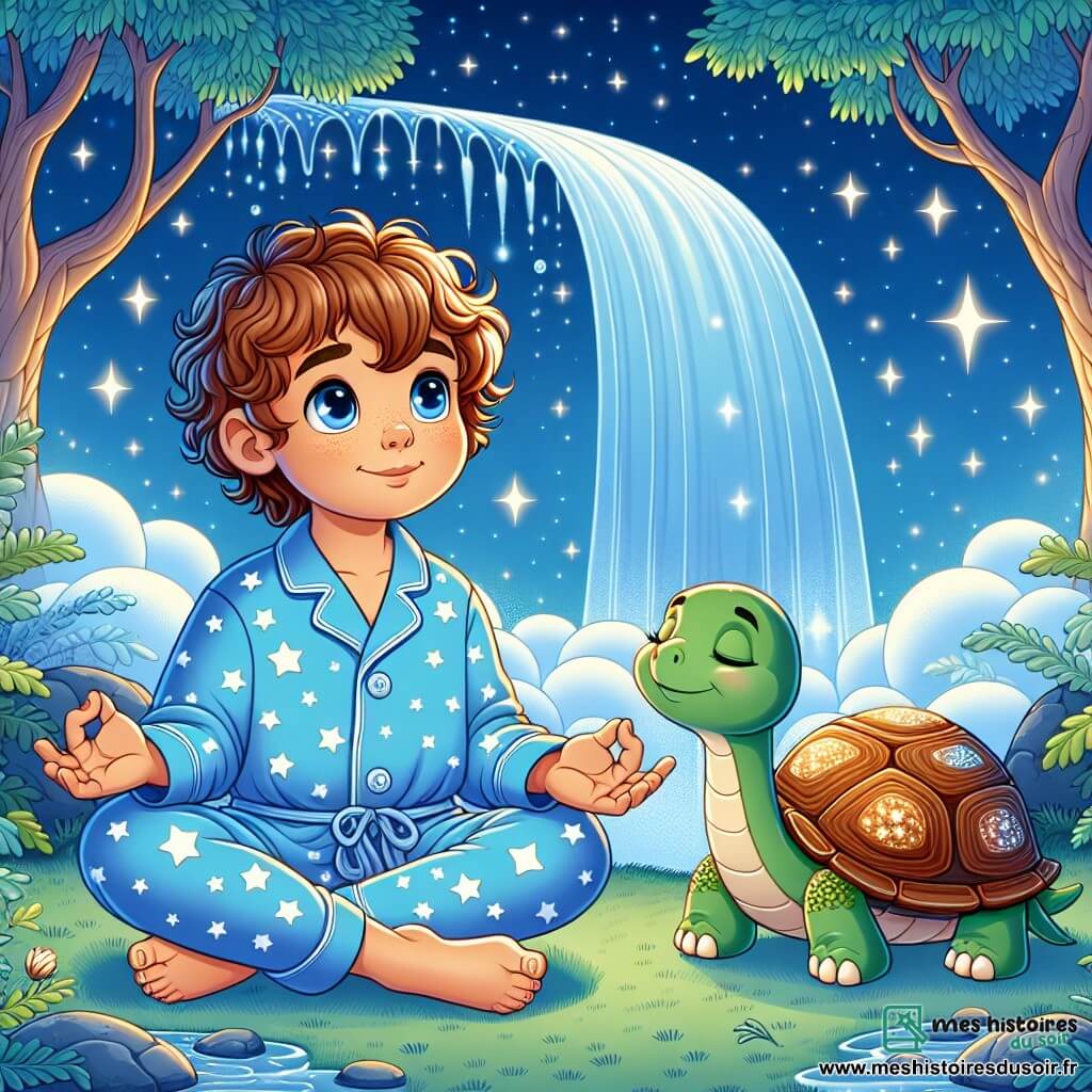 Éliott, un garçon de 10 ans aux cheveux châtains et bouclés, est assis en tailleur sur un sol herbeux, souriant paisiblement. Il porte un pyjama bleu avec des étoiles blanches et médite, les mains sur les genoux. À ses côtés, une tortue sage avec une carapace ornée de motifs dorés l'observe bienveillante. Ils se trouvent dans une clairière magique, éclairée par la lune, entourée d'arbres aux feuilles scintillantes et d'une cascade d'eau claire créant une brume douce. Éliott et la tortue partagent un moment de calme et de sérénité, écoutant la mélodie de la cascade.