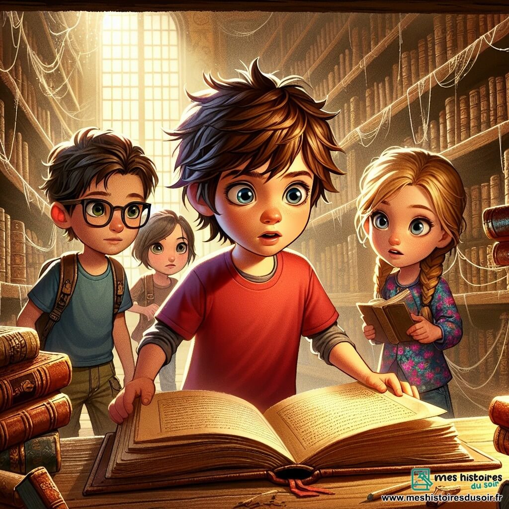 Un garçon de 8 ans, Lucas, se tient au centre de l'image, avec des cheveux bruns en bataille et des yeux curieux. Il porte un t-shirt rouge et un short en jean, exprimant une grande excitation en regardant un vieux livre poussiéreux ouvert devant lui. À ses côtés, Emma, une fille de 8 ans aux cheveux blonds tressés, penchée sur le livre, montre un regard émerveillé. Elle porte une robe à fleurs colorée et tient un petit carnet. Un peu en arrière, Jules, un garçon de 8 ans avec des lunettes et des cheveux châtains, observe avec inquiétude, vêtu d'un t-shirt bleu et d'un pantalon cargo. La scène se déroule dans une vieille bibliothèque avec des étagères en bois remplies de livres anciens et une lumière douce filtrant à travers une fenêtre poussiéreuse. Lucas, Emma et Jules découvrent un livre sur une légende d'un village abandonné, prêts à partir à l'aventure, mêlant excitation et appréhension.