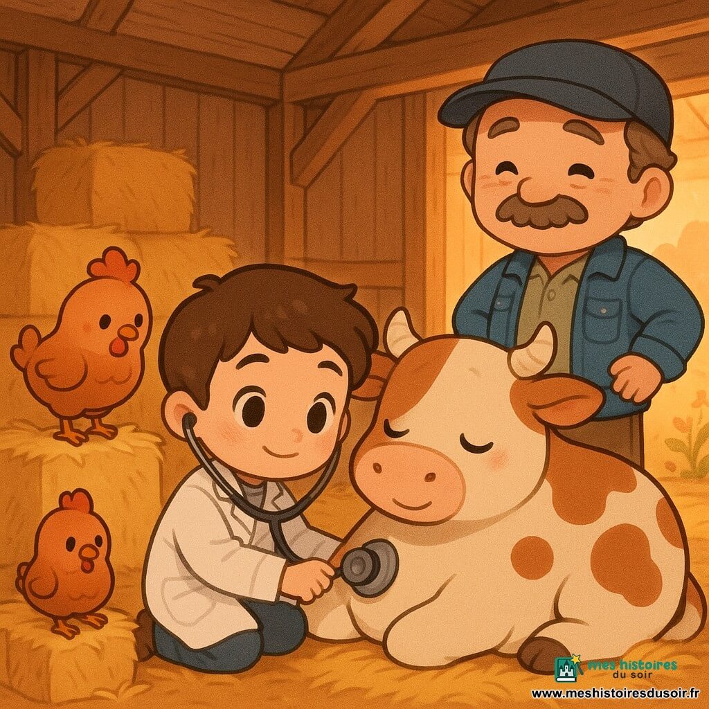 Un vétérinaire souriant aux cheveux bruns courts, agenouillé en blouse blanche, ausculte une vache nommée Marguerite (grande, robe brune tachetée de blanc, couchée sur du foin) avec un stéthoscope; le fermier moustachu d'une cinquantaine d'années en veste en jean et casquette se tient debout, soulagé, mains sur les hanches; une petite poule rousse nommée Mademoiselle Poulette, patte légèrement bandée, perchée sur une botte de paille près du vétérinaire; l'étable en arrière-plan avec poutres claires, bottes de foin, seau bleu et lumière chaude du coucher de soleil; ambiance douce, couleurs chaudes, style chibi kawaii aux traits ronds et expressions exagérées.
