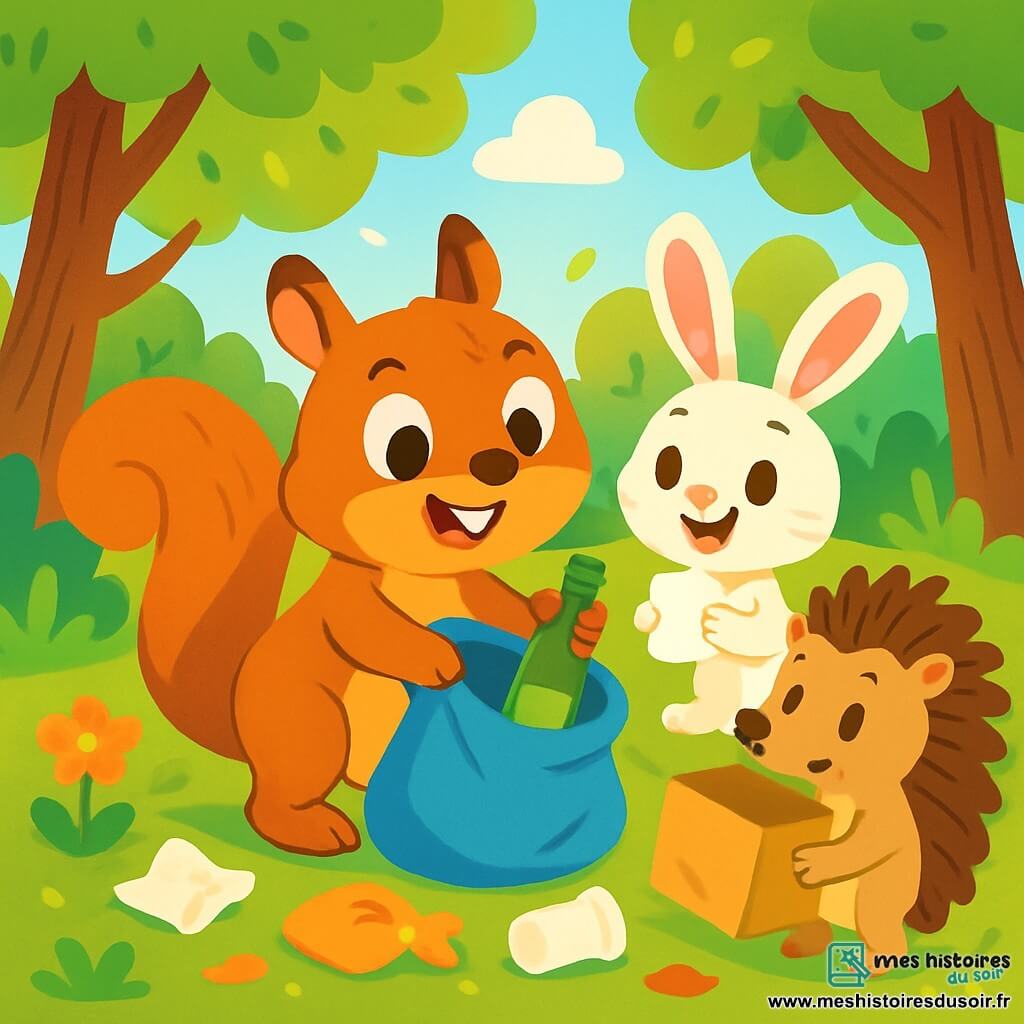Sacha, un écureuil au pelage brun et aux yeux pétillants, ramasse des déchets dans une forêt ensoleillée, affichant un grand sourire. À ses côtés, Lola, une lapine aux longues oreilles et au pelage blanc, l'encourage tout en tenant un morceau de papier. Tim, un hérisson aux piquants bruns, semble perplexe mais amusé avec un carton. La forêt est verdoyante, illuminée par des rayons de soleil. Ensemble, Sacha et ses amis nettoient la forêt pour la rendre plus belle, tout en riant et en s'encourageant.