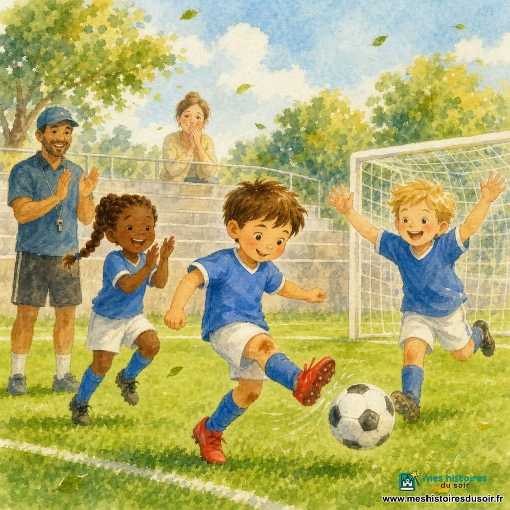 Léo, garçon aux cheveux bruns courts, frappe le ballon du pied gauche qui roule dans le filet; un coéquipier blond court à droite bras levés, une coéquipière à tresse brune applaudit à gauche, l'entraîneur casquette et sifflet applaudit depuis la ligne et la mère de Léo, émue, se tient dans les gradins; terrain herbeux, but blanc, arbres et ciel bleu, ambiance lumineuse aux traits aquarelle doux.