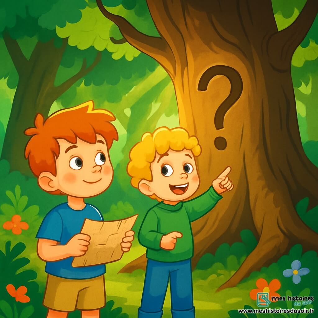 Il y a deux personnages principaux : Hugo, un garçon de 8 ans aux cheveux roux et aux taches de rousseur, portant un t-shirt bleu et un short beige, tenant une carte mystérieuse et regardant la forêt avec curiosité ; et Léo, également âgé de 8 ans, avec des boucles dorées et un pull vert, qui sourit en pointant un arbre majestueux. L'histoire se déroule dans la Forêt des Questions, une forêt enchantée avec de grands arbres aux troncs noueux et des feuilles vertes. Hugo et Léo se tiennent devant un arbre ancien gravé d'une question mystérieuse, captivés et prêts à répondre à l'énigme.