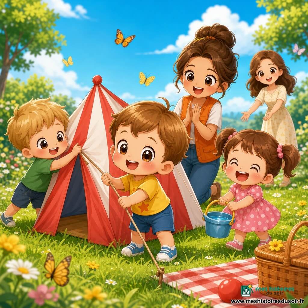 Un garçon de 2 ans, joyeux, joues rondes, cheveux châtain clair en mèche, t-shirt jaune avec petite étoile et short bleu, tient une corde en aidant à monter une petite tente en tissu; Emma, 3 ans, rieuse, cheveux bruns en deux couettes, robe rose à pois blancs, tient un petit seau d’eau à sa droite; Max, 4 ans, joueur, cheveux blonds courts, t-shirt vert, pousse la toile depuis la gauche; Julie, animatrice d’environ 25 ans, bienveillante, cheveux en chignon et gilet orange, les observe en souriant et applaudit; la maman, environ 30 ans, douce, cheveux bruns lâchés et robe légère, se tient en retrait prête à récupérer le garçon; lieu : champ herbeux sous un ciel bleu, grande tente rayée rouge et blanc, couverture de pique-nique à carreaux rouges et blancs avec panier, ballon rouge, petites fleurs jaunes et papillons; ambiance estivale, lumineuse et sereine, gestes amicaux, expressions adorables en style chibi kawaii.