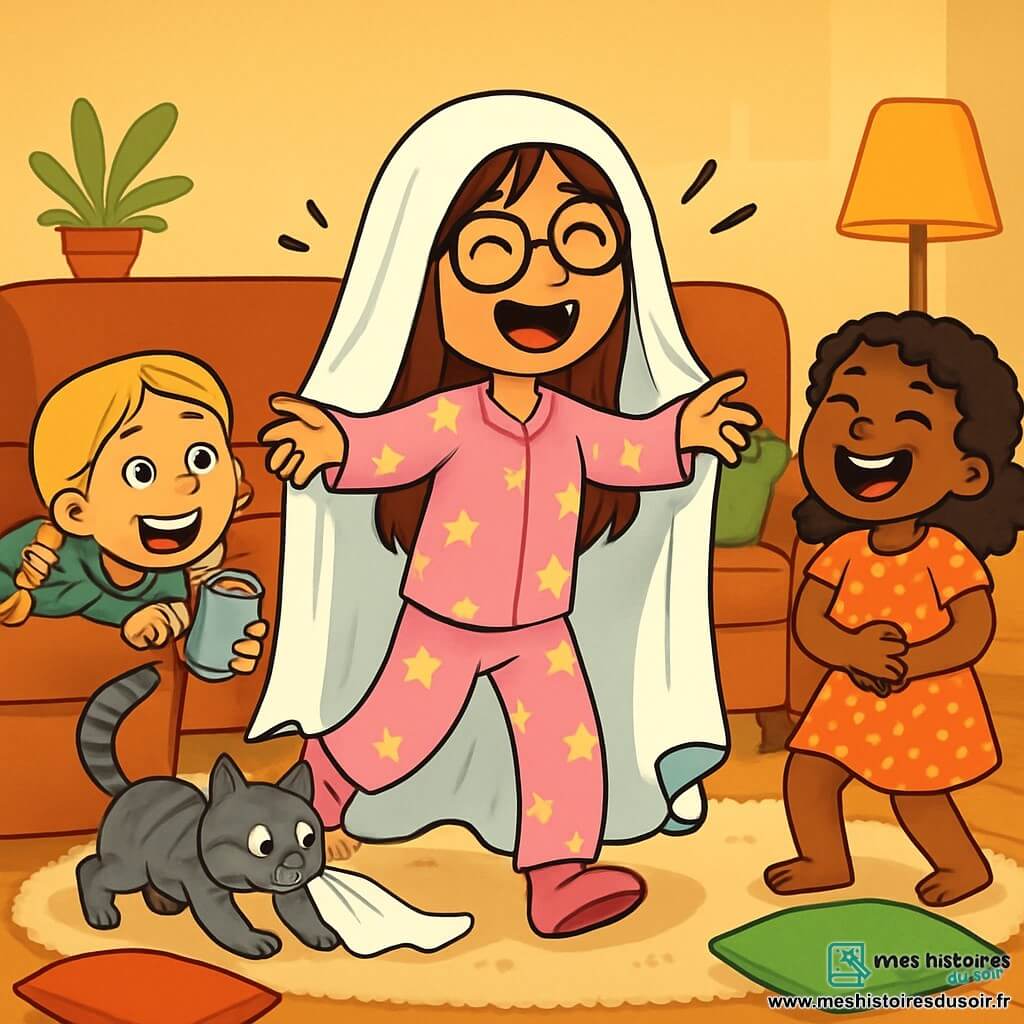 Trois personnages sont présents : Zoé, une fille de 9 ans avec de longs cheveux bruns et des lunettes rondes, porte un pyjama rose et une nappe blanche sur la tête, riant comme un fantôme. Lila, également âgée de 9 ans, a des cheveux blonds en tresses et se cache derrière un canapé avec une boîte de conserve. Mia, aussi âgée de 9 ans, a des cheveux bouclés et une robe à pois, riant en regardant un chat qui joue avec la nappe. La scène se déroule dans un salon chaleureux aux murs jaunes, avec un canapé confortable, des coussins colorés et une lumière douce. Les trois amies s'amusent, Zoé trébuchant sur le tapis tandis que Lila et Mia rient, créant une ambiance joyeuse.