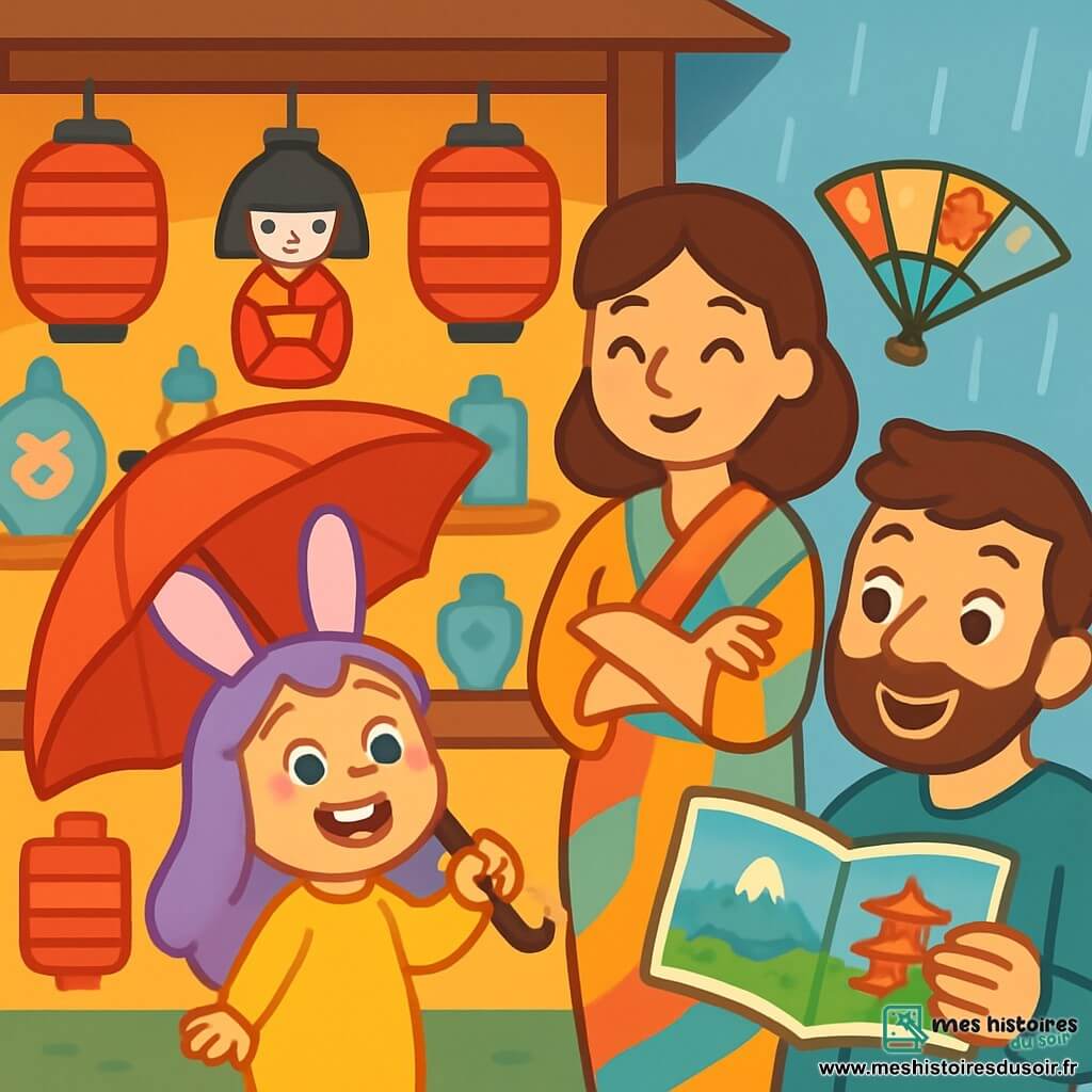 Lila, une petite fille aux longues oreilles de lapin, se tient sous un toit en bois, émerveillée et souriante, tenant une ombrelle rouge qui contraste avec la pluie. À ses côtés, sa maman, douce et en kimono coloré, admire sa joie, tandis que son papa, jovial avec une légère barbe, feuillette un livre sur le Japon, fasciné. Ils se trouvent dans un petit magasin japonais décoré de lanternes rouges, de poupées et d'éventails, créant une atmosphère chaleureuse. Lila est prête à découvrir les merveilles de Tokyo tout en se protégeant de la pluie.