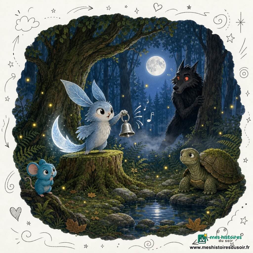 Plume-de-Lune, petit être nocturne entre lapin et oiseau au pelage bleu-gris, longues oreilles en feuille et queue brillante, tient et agite une petite clochette d'argent sur une souche mousseuse ; un grand loup noir, hirsute et surpris, recule à demi caché derrière des troncs, tandis qu'une souris turquoise perchée sur une racine observe, la tortue au regard ancien et carapace mousseuse veille au bord d'un étang ; la clairière sous un vieux chêne, tapis de mousse, pierres humides, fougères et lucioles sous la pleine lune crée une atmosphère nocturne rassurante et légèrement brumeuse, couleurs contrastées (bleus doux, verts profonds, touches d'argent et de braises rouges).