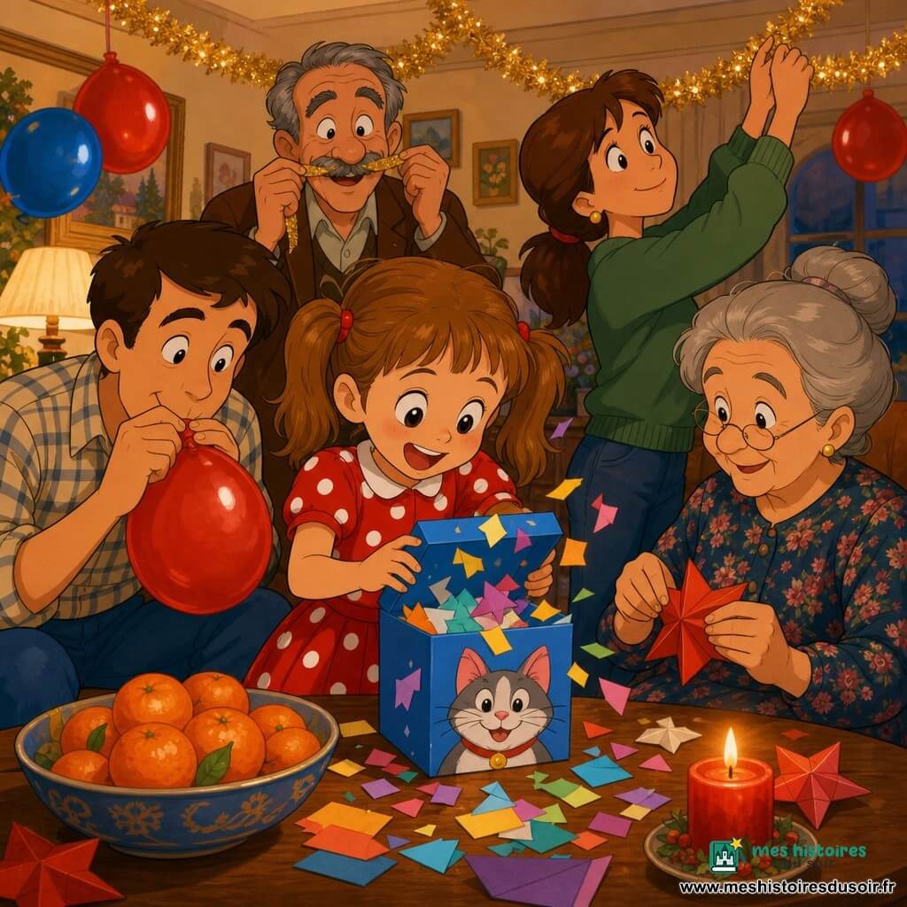 Fille de 6 ans joyeuse aux yeux brillants et couettes châtain clair, portant une robe rouge à pois blancs et tenant une petite boîte bleue à biscuits ; père (~35 ans) accroupi à gauche gonfle un ballon rouge ; mère (~33 ans) à droite accroche une guirlande dorée ; grand-mère (~65 ans) en chignon plie des étoiles en papier à la table ; grand-père (~68 ans) debout en arrière-plan sourit, tenant un ruban pour sa moustache ; salon chaleureux et festif avec lampes basses, guirlandes dorées, ballons rouges et bleus, table en bois avec bol de mandarines et bougie allumée ; la famille réunie autour de la table, la fille ouvre doucement une boîte à compliments tandis que des papiers colorés tombent comme des flocons, expressions tendres, éclairage doux et couleurs chaudes.