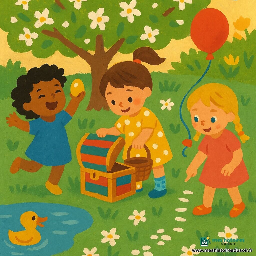 Trois fillettes de 3 ans découvrent un coffre coloré rempli d'œufs de Pâques peints et de bonbons dans un jardin de printemps sous un pommier : au centre Lila en robe jaune à pois et chaussettes dépareillées tient un panier et ouvre le coffre, à gauche Noor en robe bleue aux cheveux bouclés saute en montrant un œuf brillant, à droite Zoé en robe rose à tresses blondes pointe des petits pas dessinés au sol et a un ballon rouge au poignet; herbe parsemée de pâquerettes, mare brillante avec un canard souriant, lumière douce du soir, atmosphère chaleureuse et ludique aux couleurs vives.